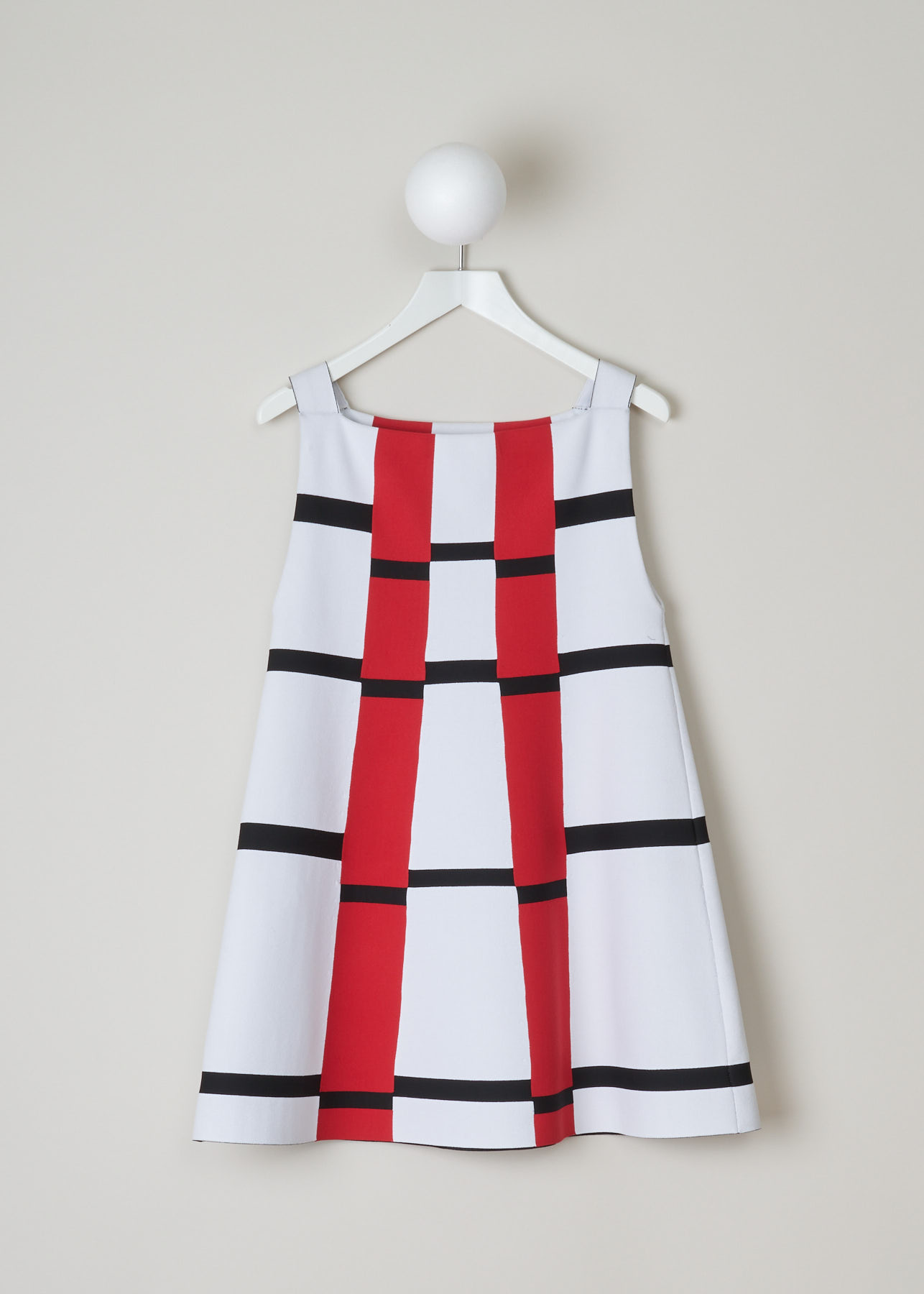 ALAÏA,, GEOMETRIC A-LINE TUNIC, 7E9UE24LM327_tunique_sm_mirage_CM00_multico00, Print, White, Red, Front, Knitted A-line tunic in sixties style. The dress is made with a graphic patterned fabric in white, red and black. This model has an elegant, straight neckline, is a slip-on without zip and buttons and come in right under the knee.
