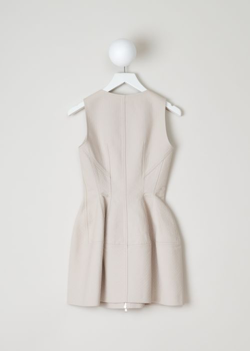 AlaÃ¯a, Nude colored pique mini dress, 3S9R251CT089_robe_SM_alveole_double_C012_perle, beige, back, Pique cotton dress, woven in such a tight manner the which makes the pleated skirt stand outwards in a flared position. 
Featuring a silver-tone zipper on the front which gives the dress a raw unfinished feel. The round neckline combined with no sleeves just fit so well with the style and fabric of the dress. 