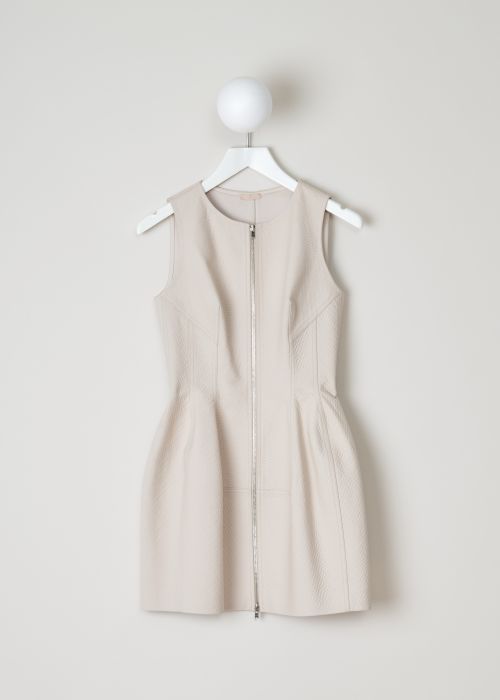 AlaÃ¯a, Nude colored pique mini dress, 3S9R251CT089_robe_SM_alveole_double_C012_perle, beige, front, Pique cotton dress, woven in such a tight manner the which makes the pleated skirt stand outwards in a flared position. 
Featuring a silver-tone zipper on the front which gives the dress a raw unfinished feel. The round neckline combined with no sleeves just fit so well with the style and fabric of the dress. 