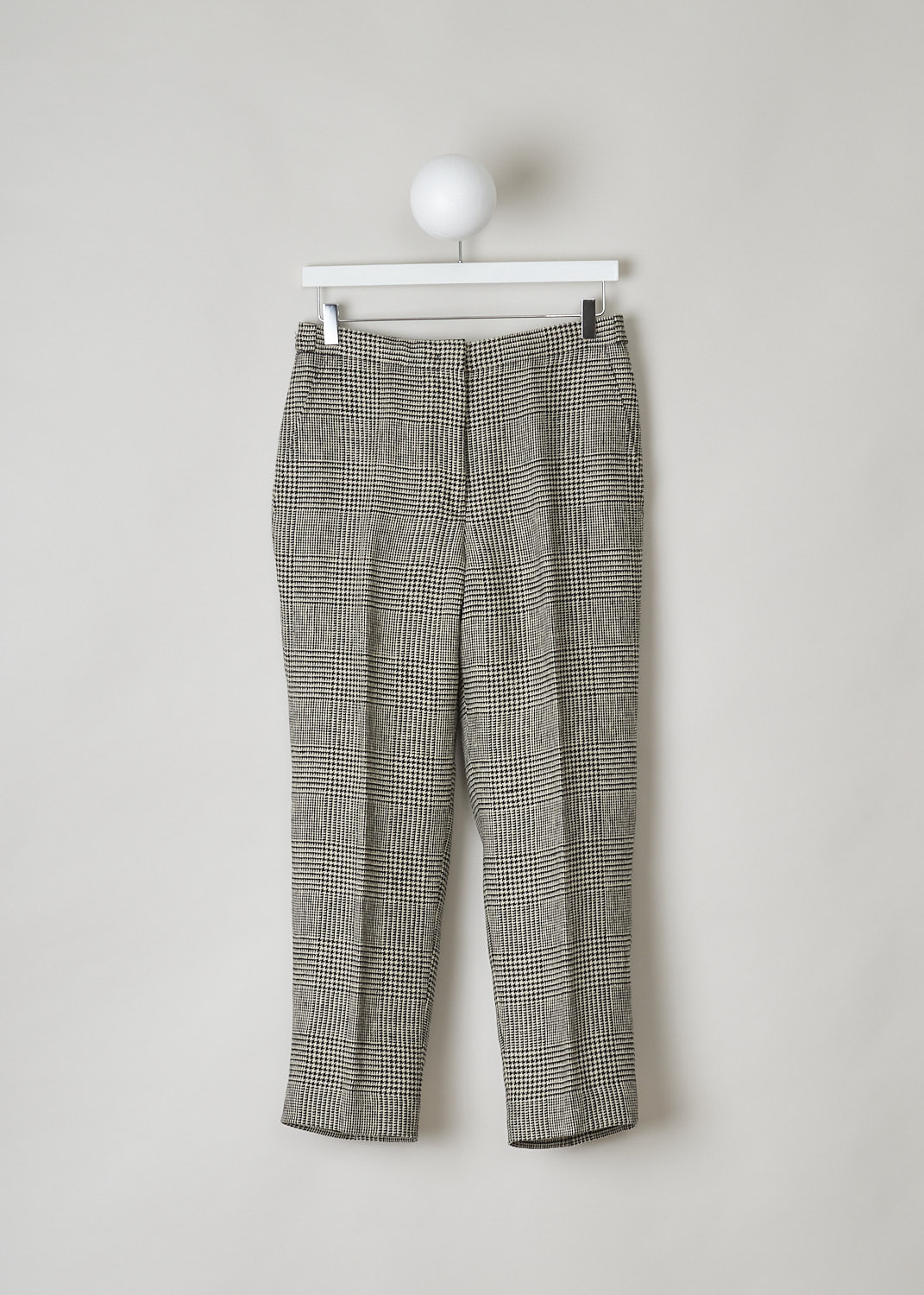 ASPESI, HOUNDSTOOTH PANTS WITH TAPERED LEGS, 0111_G354_F0_40045, Beige, Print, Front, These beige Houndstooth pants have a waistband with in the back, on either side, two buttons that can be used to cinch in the waist. These pants have tapered pant legs with pressed centre creases, a concealed hook and zip closure, slanted pockets in the front and welt flap pockets in the back.
