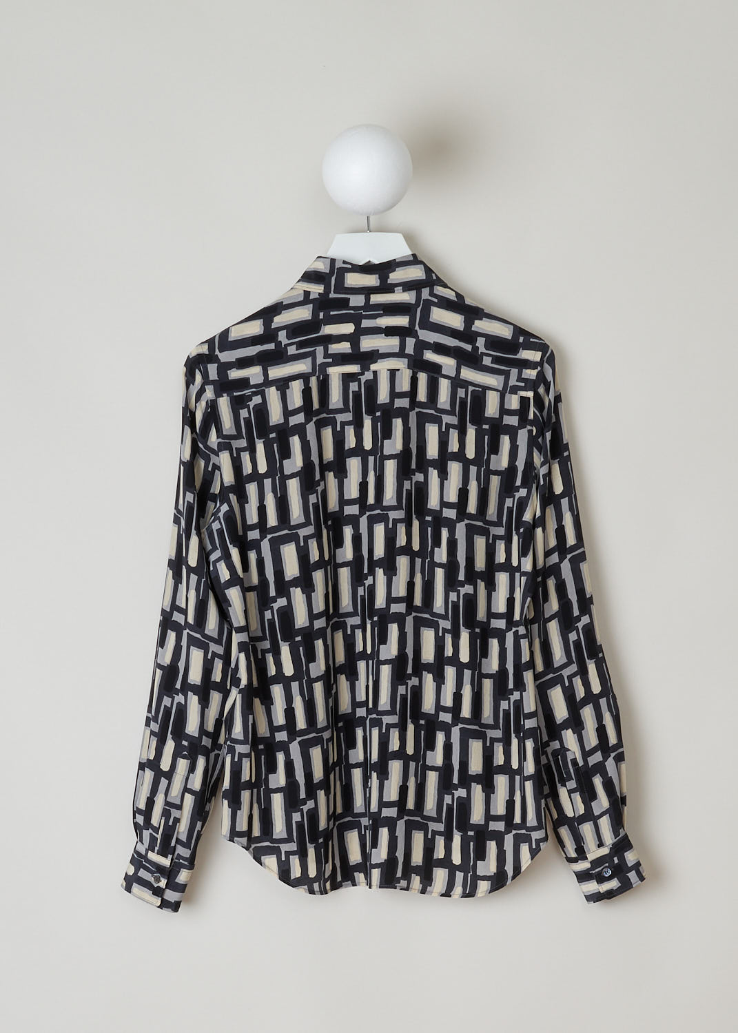 ASPESI, SILK PRINTED BLOUSE, 5422_V126_66173, Print, Back, This long sleeved blouse has a geometric print in black, grey and off-white hues. The blouse has a classic collar, front button closure and an asymmetric finish, meaning the back is slightly longer than the front. 
