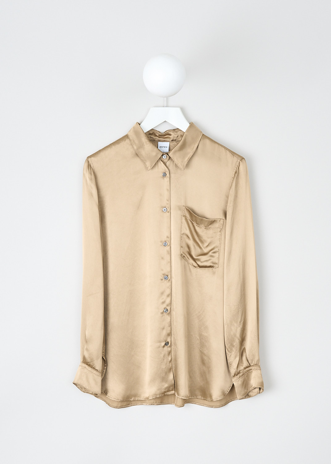 Aspesi, Gold satin blouse, 5460_M077_01088, Gold, Front, This gold satin blouse has a classic collar and a front button closure. The long sleeves have buttoned cuffs. On the front, the blouse has a patch pocket. The blouse has a curved hemline. 
