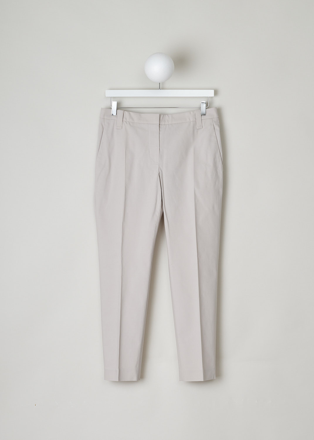 BRUNELLO CUCINELLI, BEIGE MID-RISE PANTS, M0F70P1995_C2837, Beige, Front, These beige mid-rise pants have a waistband with belt loops and a concealed clasp and zip closure. In the front, these pants have slanted pockets. In the back, two welt pocket can be found. Centre creases run along the length of the tapered leg.
