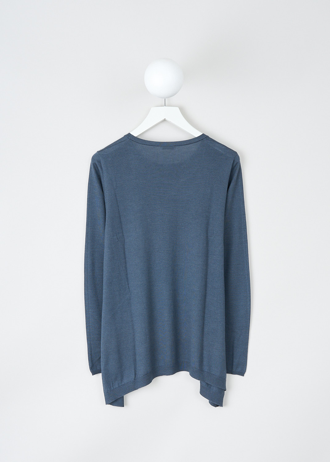 Brunello Cucinelli, Blue A-line long sleeve top, M13807910_C2435, Blue, Back, This blue cashmere top has a ribbed round neckline and long sleeves. The top has a wide A-line silhouette and a ribbed handkerchief hemline. 
