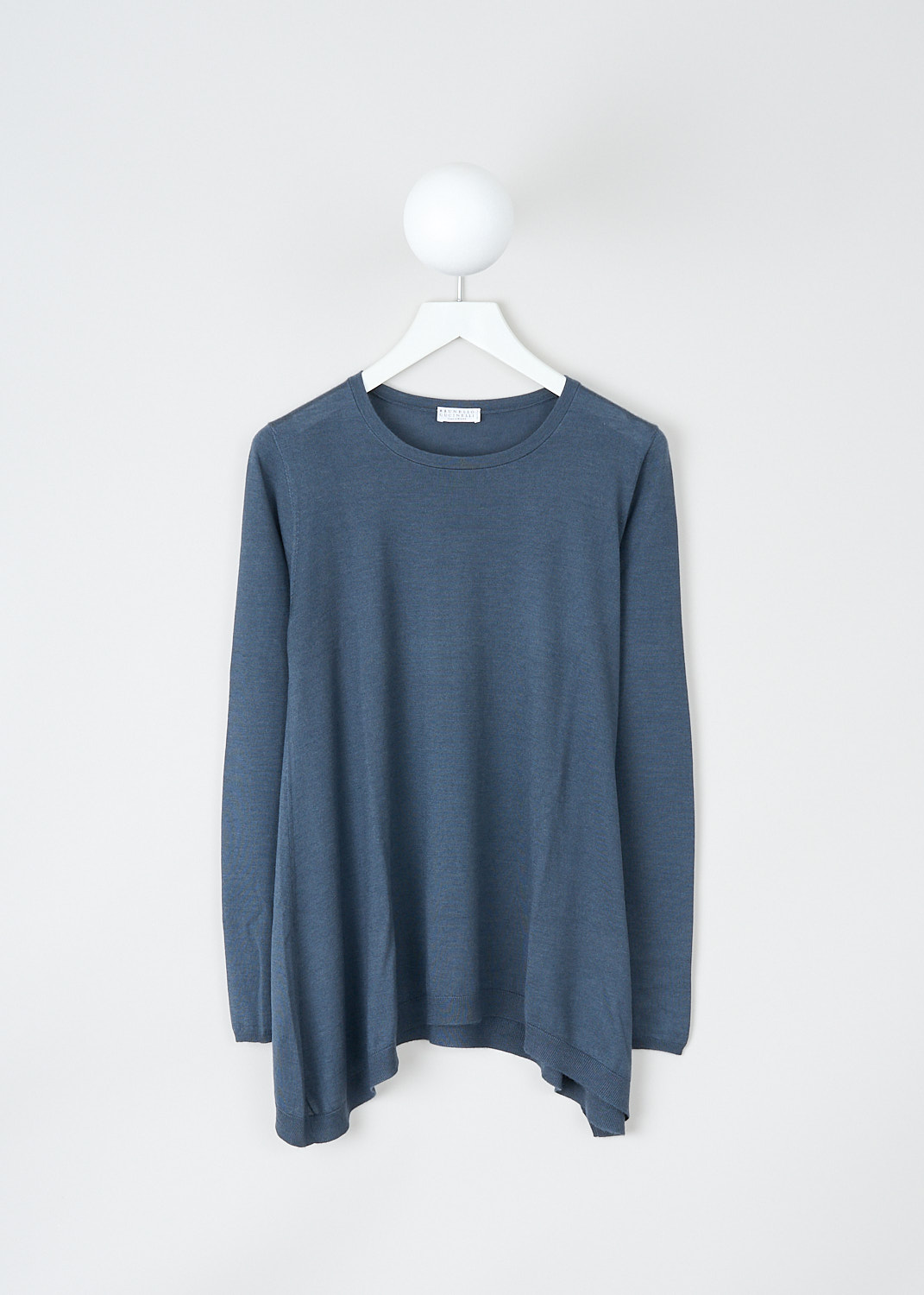 Brunello Cucinelli, Blue A-line long sleeve top, M13807910_C2435, Blue, Front, This blue cashmere top has a ribbed round neckline and long sleeves. The top has a wide A-line silhouette and a ribbed handkerchief hemline. 
