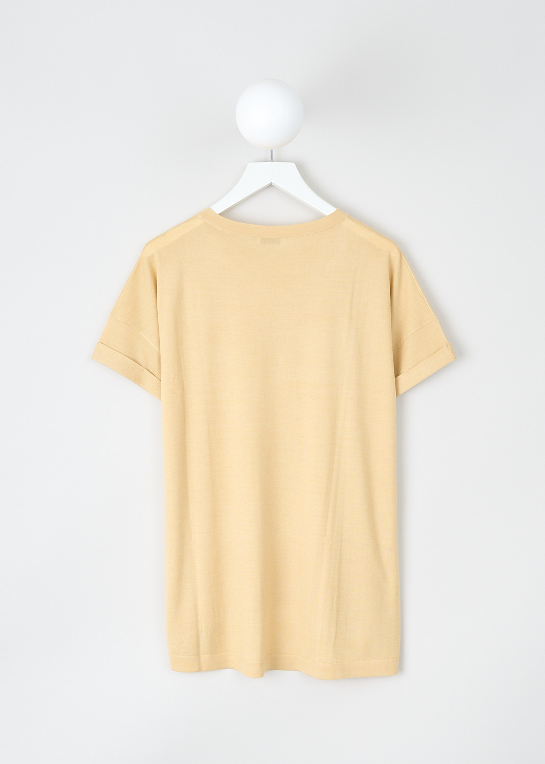 Brunello Cucinelli, Yellow top with monili detailing, M13833600_C2939, Yellow, Back, This yellow cashmere top has a ribbed round neckline and short rolled sleeves. On the front, this top has a monili trimmed breast pocket. The top has an asymmetrical hemline.
