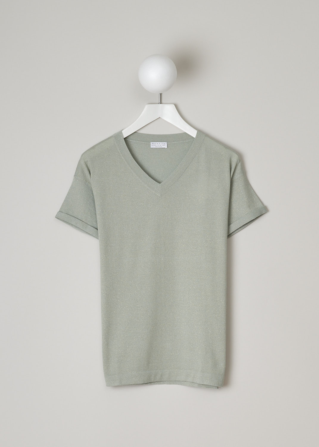 BRUNELLO CUCINELLI, PALE GREEN TOP WITH LUREX THREADING, M41810002_C2847, Green, Front, This pale green top has shimmering gold lurex threading throughout. The top has a ribbed V-neckline and short sleeves with a rolled up hem.  
