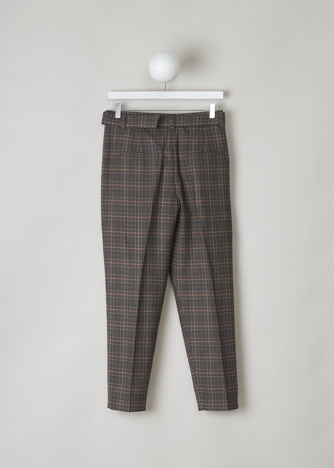BRUNELLO CUCINELLI, BROWN CHECKERED PANTS WITH BELT, MA143P7055_C001, Brown, Print, Back, These brown checkered pants come with a detachable belt in the same fabric with a metal belt buckle. The pants have tapered pant legs with pressed centre creases. These pants have slanted pockets in the front and welt pockets in the back.

