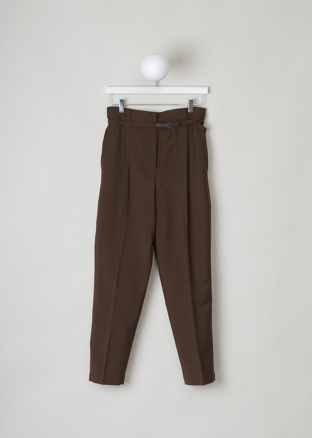 BRUNELLO CUCINELLI, BROWN PAPERBAG PANTS, MA185P7461_C8517, Brown, Front, These brown pants have a paperbag waist which is half elasticated. These pants come with both a broad and a narrow belt loop. A narrow fabric belt with monili beading is included. A concealed snap button and zipper function as the closure option. These pants have tapered pant legs with centre creases. Slanted pockets can be found in the front and welt pockets in the back.
