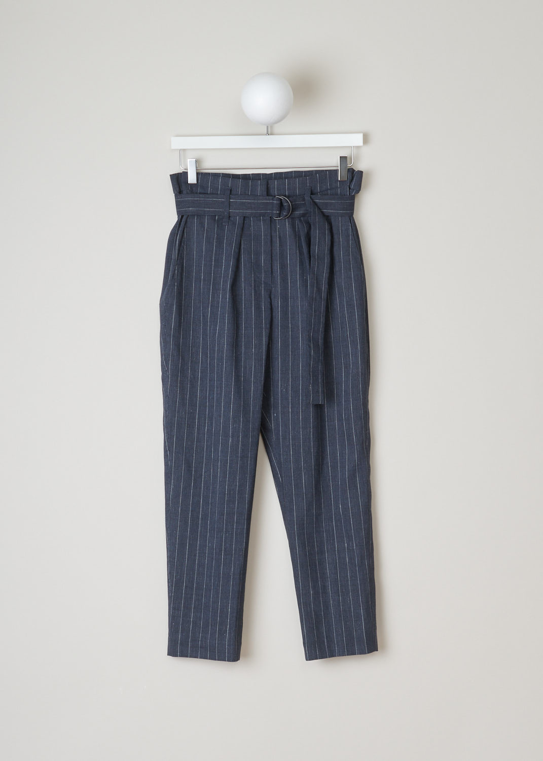 Burnello cucineli, high-waist pinstripe pants, MF554P6588_C003, blue grey, front, Shaped for a high-waist fit. This paper-bag waist pants is designed with straight cropped legs and soft pleats that fall from the waistband. Comes with matching D-ring belt, slanted side pockets and welt pockets on the back. Fastening option on this model is the D-ring belt plus two metal clips and a backing buttons above the zipper.