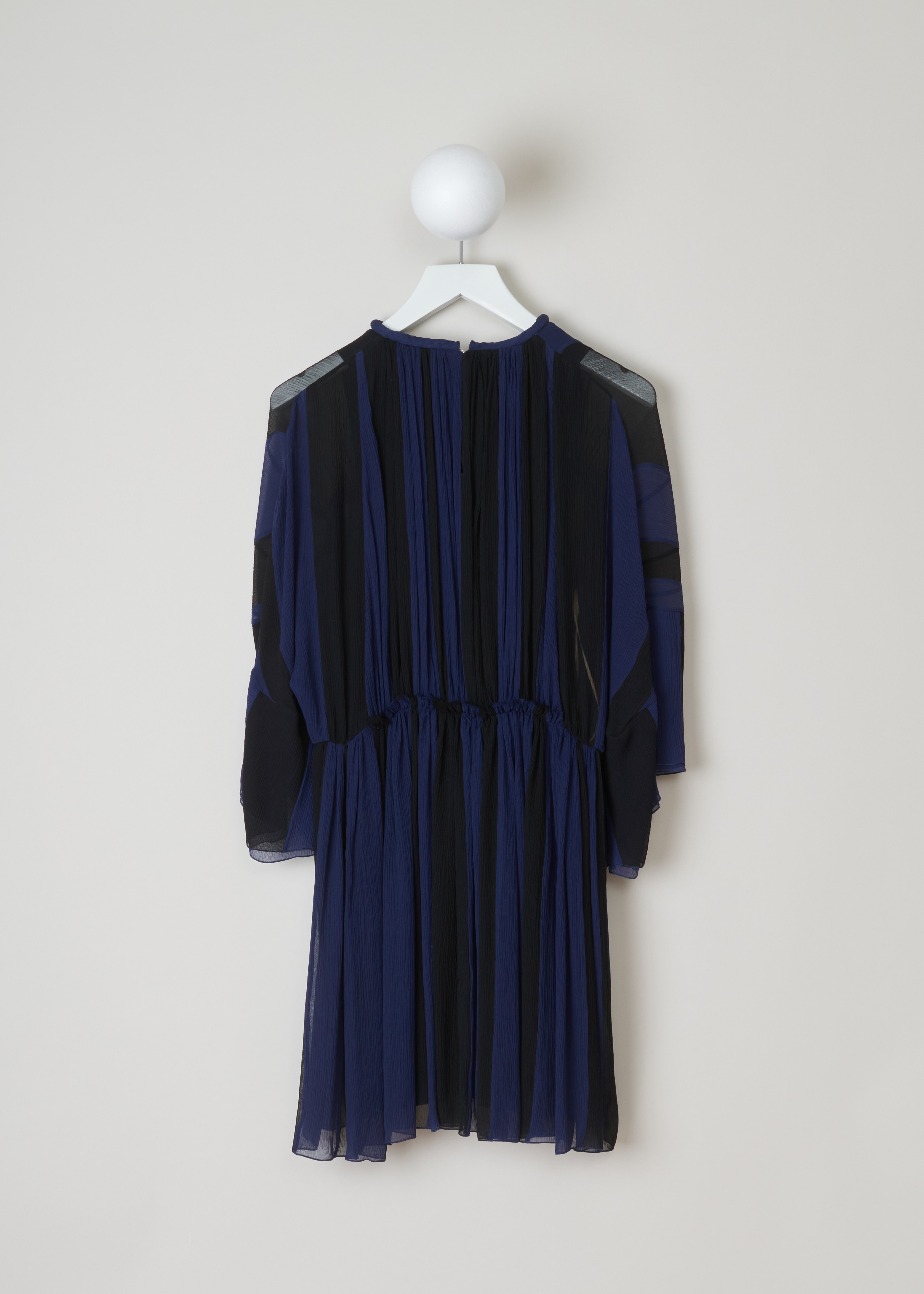 ChloÃ© Gathered slik crepe dress CHC19ARO37006925_925_Black_Blue back. This chic silk crepe dress has a blue and black vertically striped pattern. A gathered round neckline and ruffled sheer long sleeves. A ruffled waist and flared gathered midi skirt. 