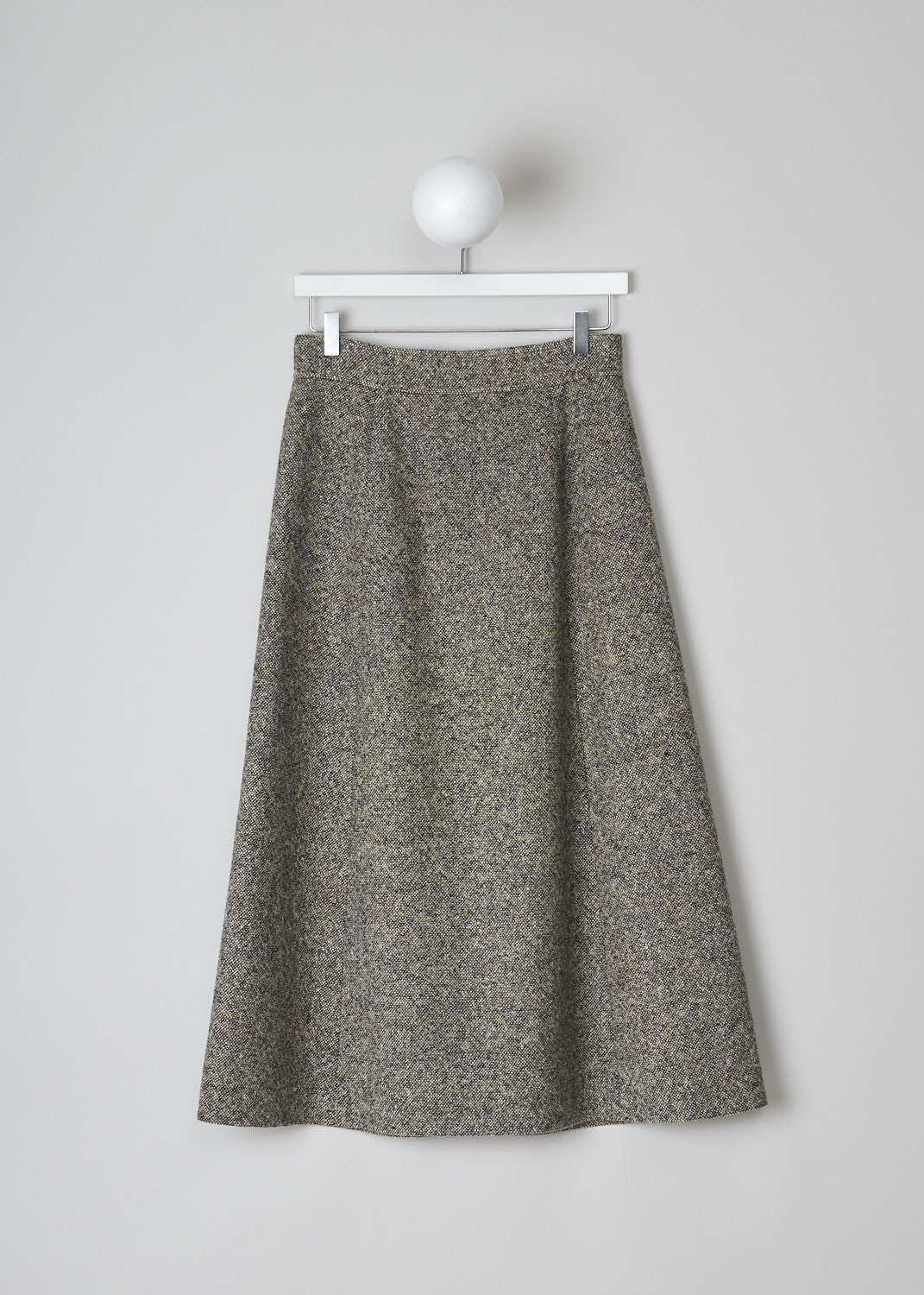 CHLOÃ‰, BUTTONED A-LINE SKIRT IN MAINLY BROWN, CHC21WJU1416522V_MAINLY_BROWN, Brown, Back, This mottled brown A-line midi skirt has a front button closure with ceramic marble buttons in different shades. Concealed slanted pockets can be found in the front. The skirt has a straight hemline. 
