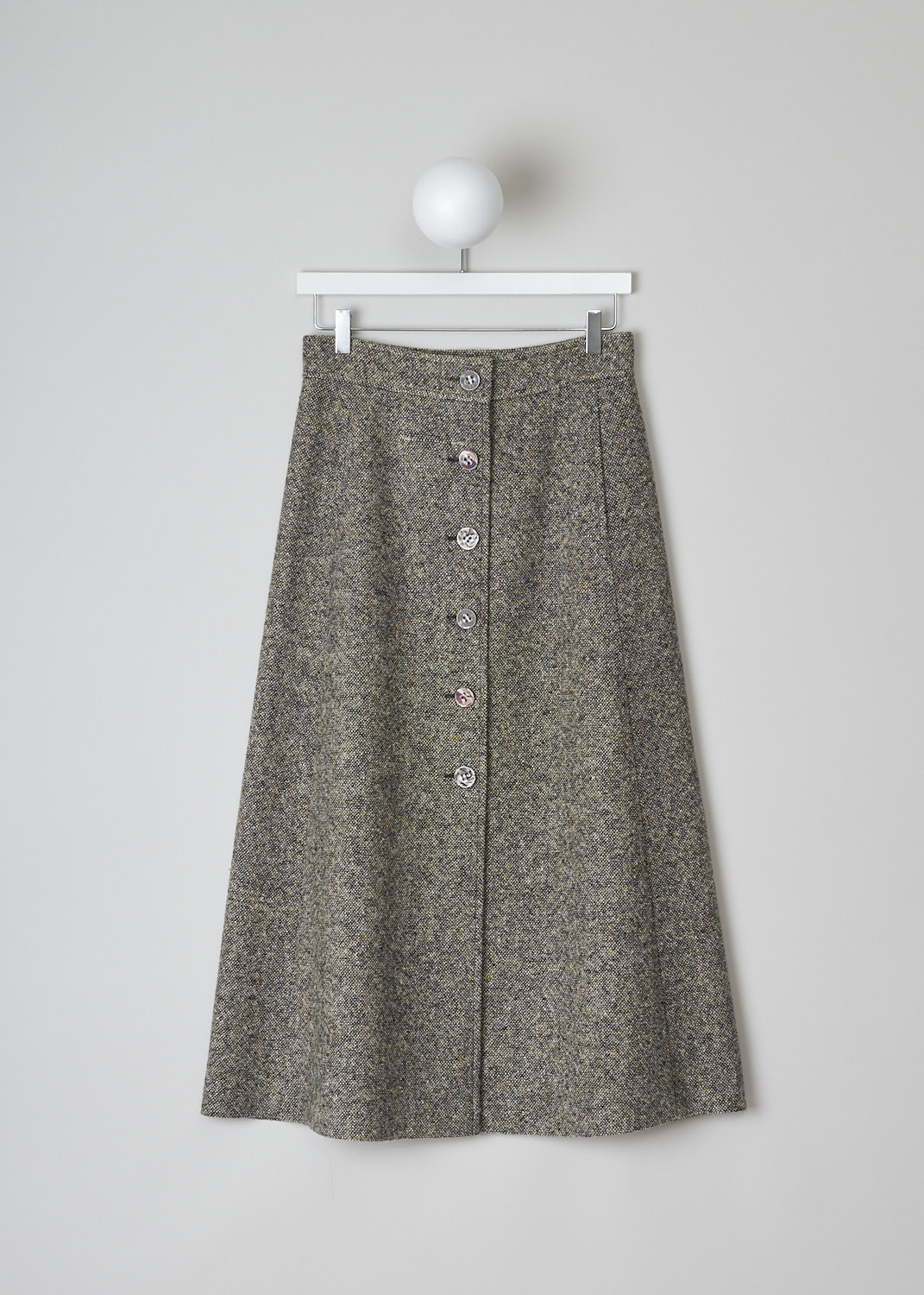 CHLOÃ‰, BUTTONED A-LINE SKIRT IN MAINLY BROWN, CHC21WJU1416522V_MAINLY_BROWN, Brown, Front, This mottled brown A-line midi skirt has a front button closure with ceramic marble buttons in different shades. Concealed slanted pockets can be found in the front. The skirt has a straight hemline. 

