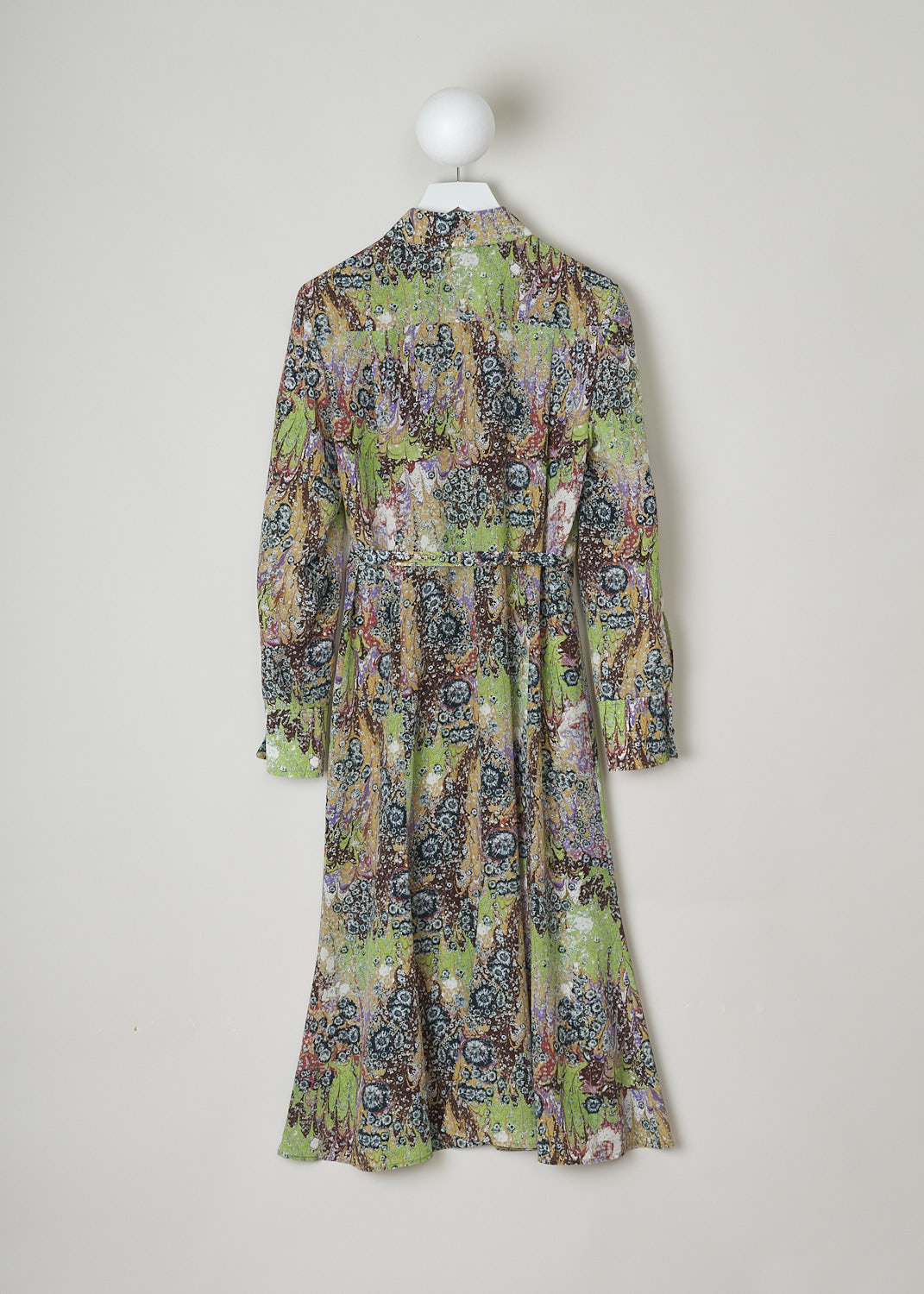CHLOÃ‰, MULTICOLOR PRINTED SHIRT DRESS WITH BELT, CHC21WRO363053ZA_MULTICOLOR_GREEN, Print, Green, Brown, Back, This silk shirt dress has an all-over multicolored print. The dress has a pointed collar and a concealed front button closure. The long sleeves have buttoned cuffs. The midi-length skirt flares out. The dress comes with a narrow belt in the same fabric.   
