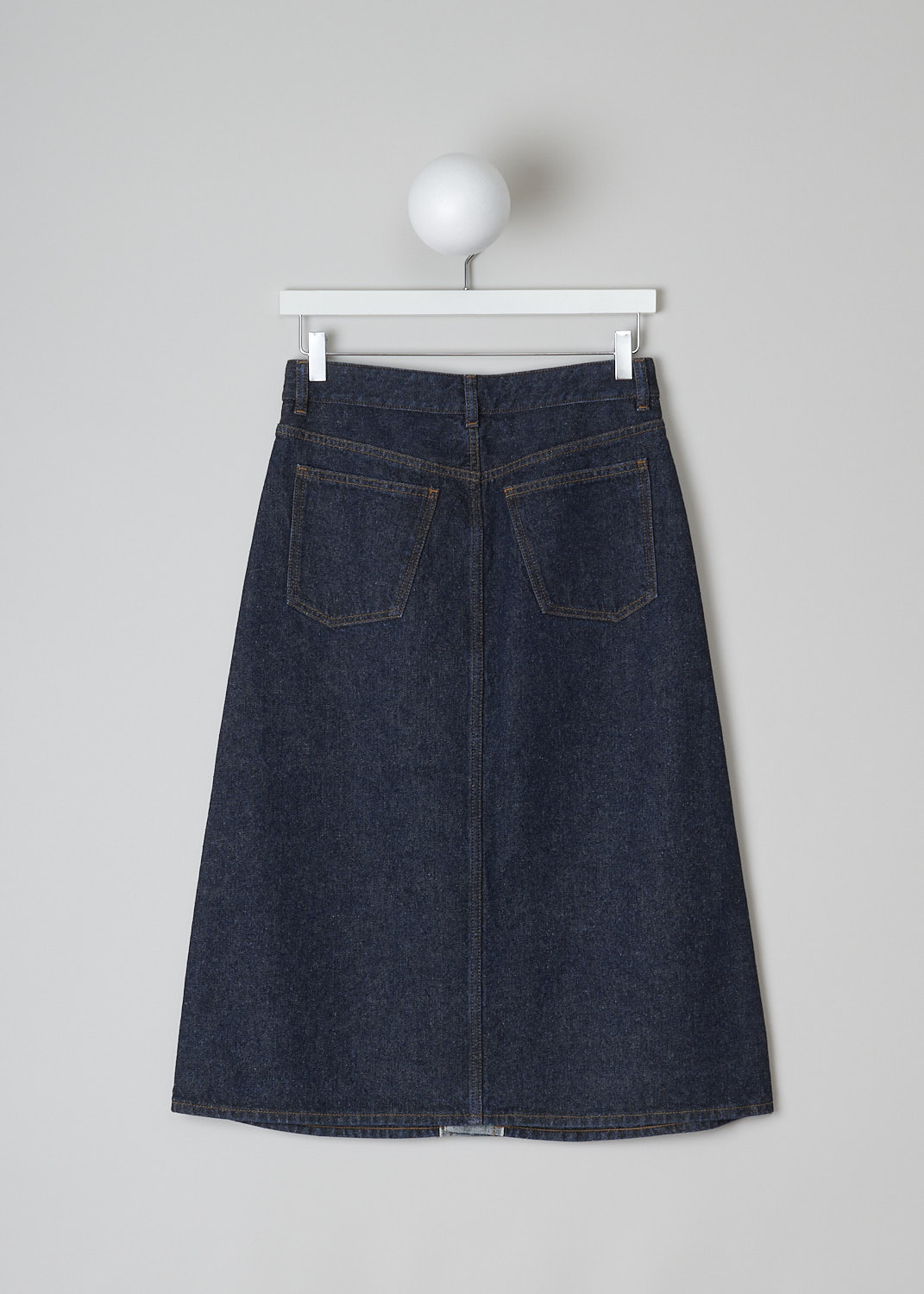 CHLOÃ‰, A-LINE DENIM MIDI SKIRT IN ICONIC NAVY, CHC22ADJ6615748A_SKIRT_ICONIC_NAVY, Blue, Back, This denim A-line midi skirt in Iconic Navy has a waistband with belt loops and the brand's logo embroidered on the front. The skirt has a front button closure. This skirt has a 5-pocket design, with two slanted pockets and a coin pocket in the front and two patch pockets in the back.  

