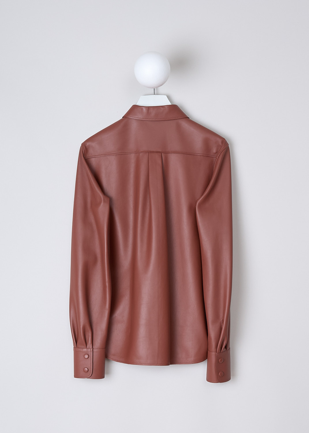 CHLOÉ, LEATHER BLOUSE IN INTENSE BROWN, CHC22SCH1620826J_INTENSE_BROWN, Brown, Back, The long sleeve leather blouse in Intense Brown has a pointed collar and a front button placket with press studs. The long sleeves have cuffs with a press stud closure. The blouse has a rounded hemline. In the back, a seam runs along the back yoke with a centre box pleat.
