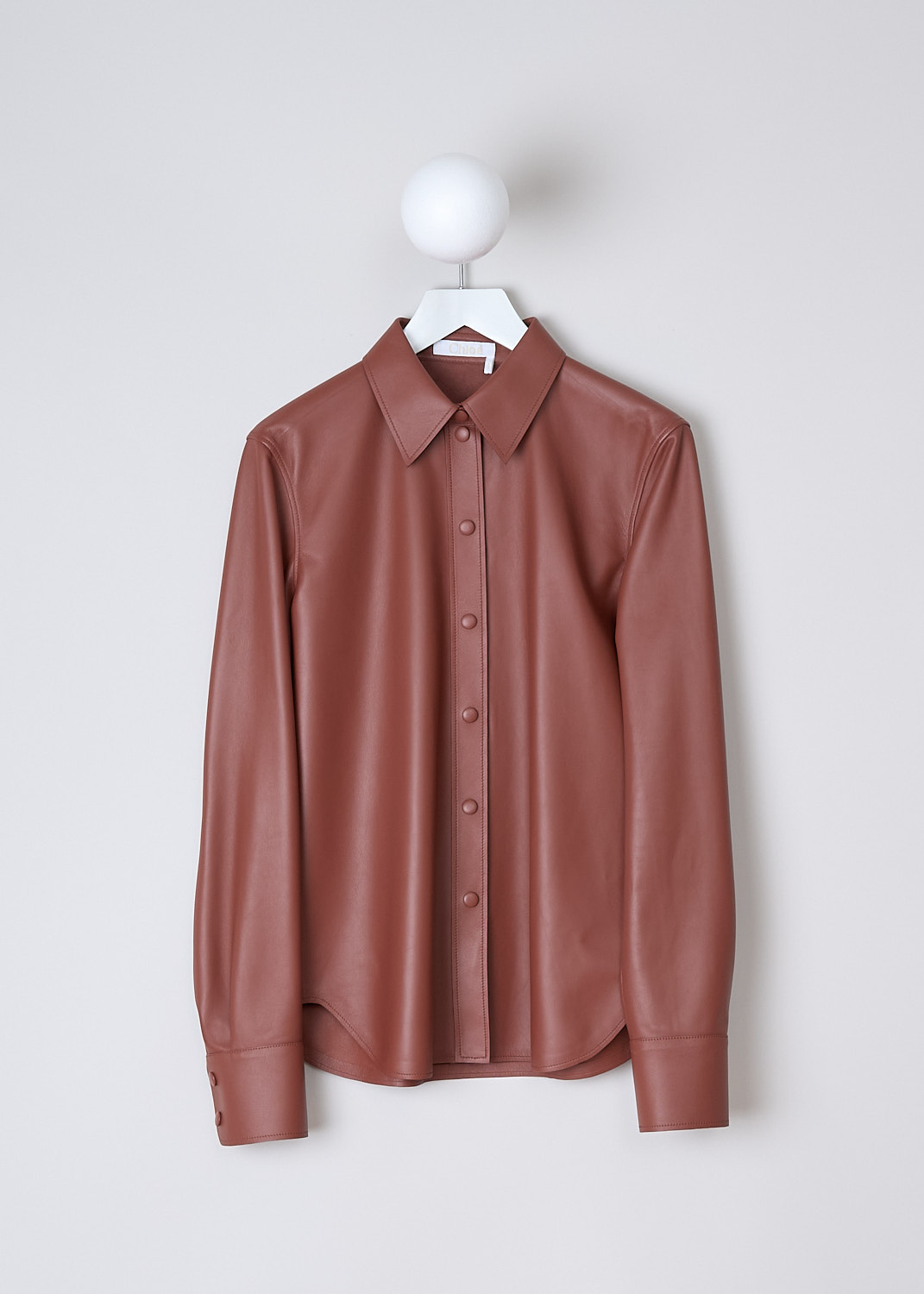 CHLOÉ, LEATHER BLOUSE IN INTENSE BROWN, CHC22SCH1620826J_INTENSE_BROWN, Brown, Front, The long sleeve leather blouse in Intense Brown has a pointed collar and a front button placket with press studs. The long sleeves have cuffs with a press stud closure. The blouse has a rounded hemline. In the back, a seam runs along the back yoke with a centre box pleat.
