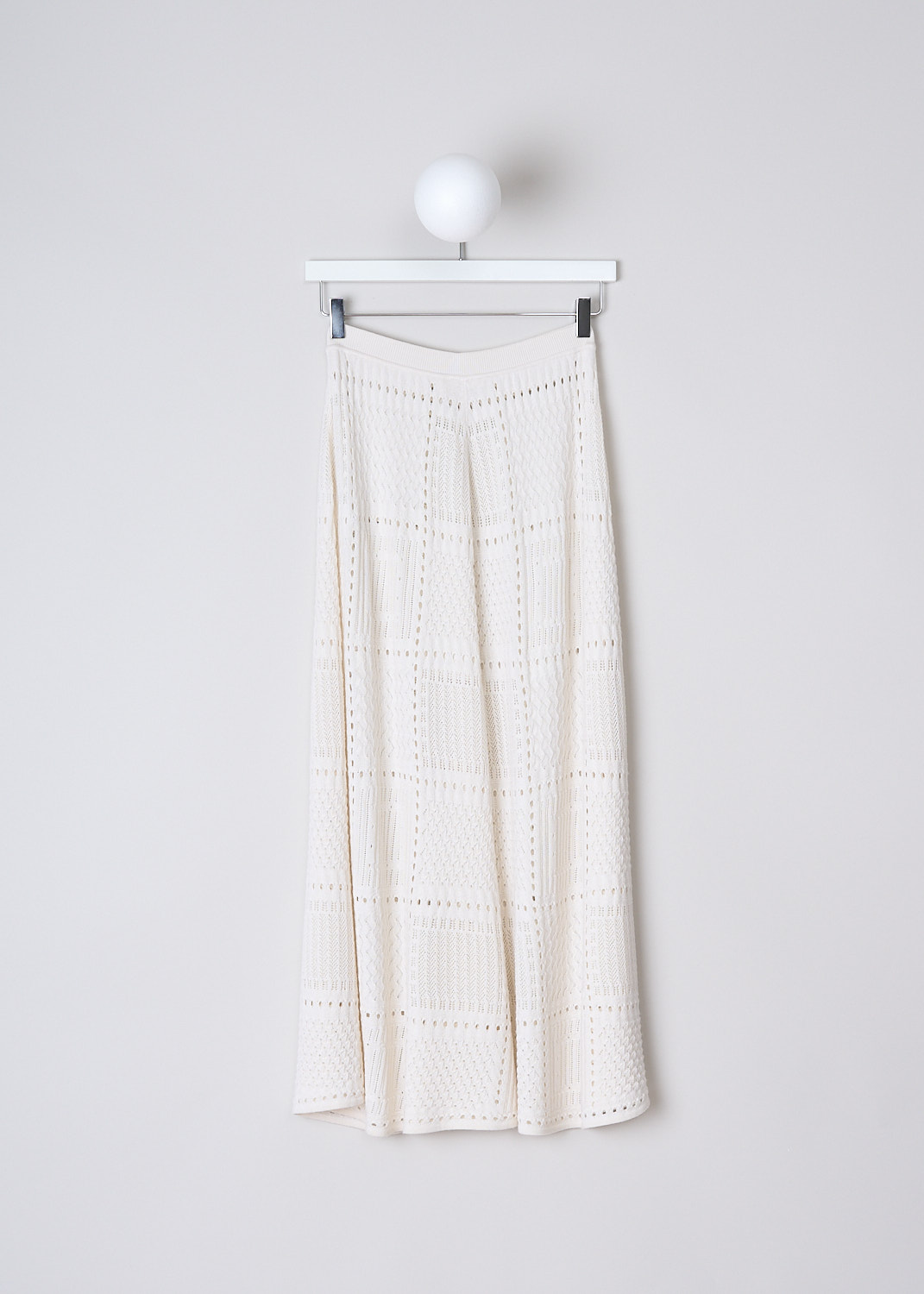 CHLOÉ, CLOUDY WHITE KNITTED MAXI SKIRT, CHC22SMJ05550121_CLOUDY_WHITE, White, Back, This Cloudy White knitted maxi skirt has a ribbed elasticated waistband and is finished with detailed openwork stitching throughout. The skirt has an ankle length cut.

