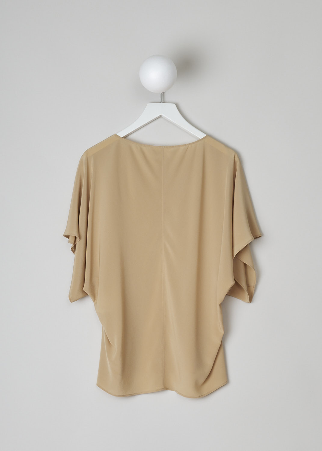 CHLOÉ, PEARL BEIGE SILK TOP, CHC22UHT12004278,  Beige, Back, This pearl beige silk top has a boat neckline and loose short cap sleeves. The top has side slits and a straight hemline. 
