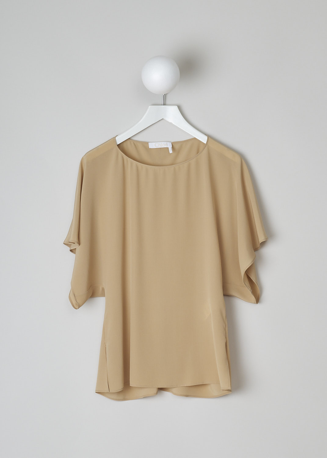 CHLOÉ, PEARL BEIGE SILK TOP, CHC22UHT12004278,  Beige, Front, This pearl beige silk top has a boat neckline and loose short cap sleeves. The top has side slits and a straight hemline. 
