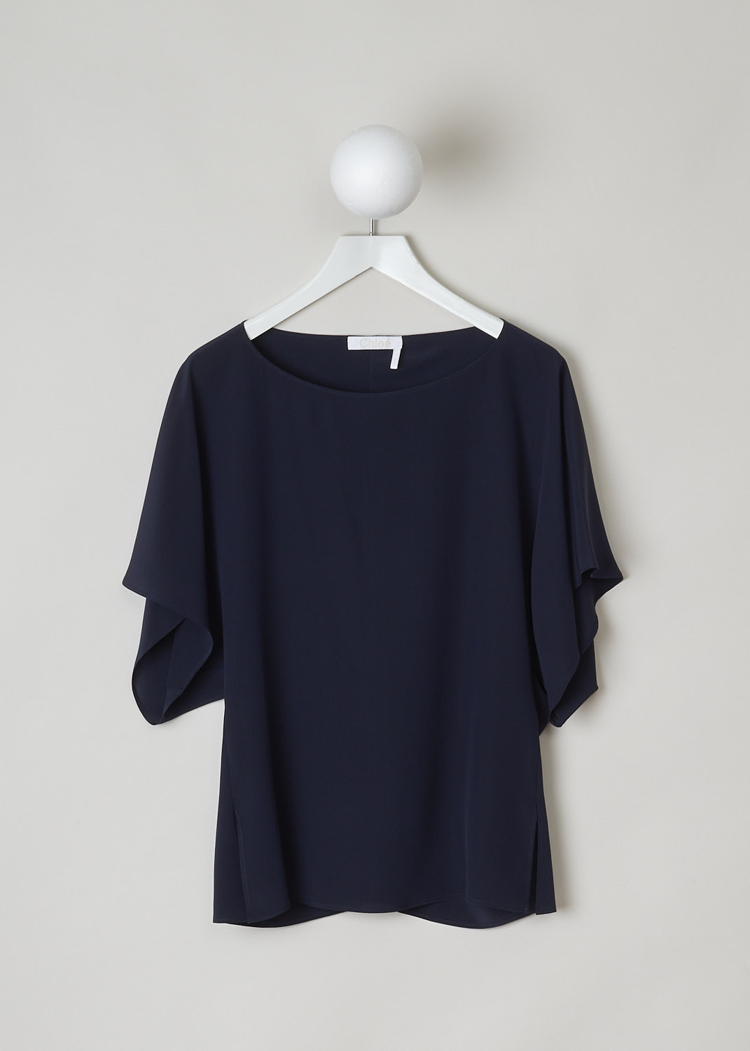 CHLOÃ‰, INK NAVY SILK TOP, CHC22UHT120044C3, Blue, Front, This ink navy blue silk top has a boat neckline and loose short cap sleeves. The top has side slits and a straight hemline. 
