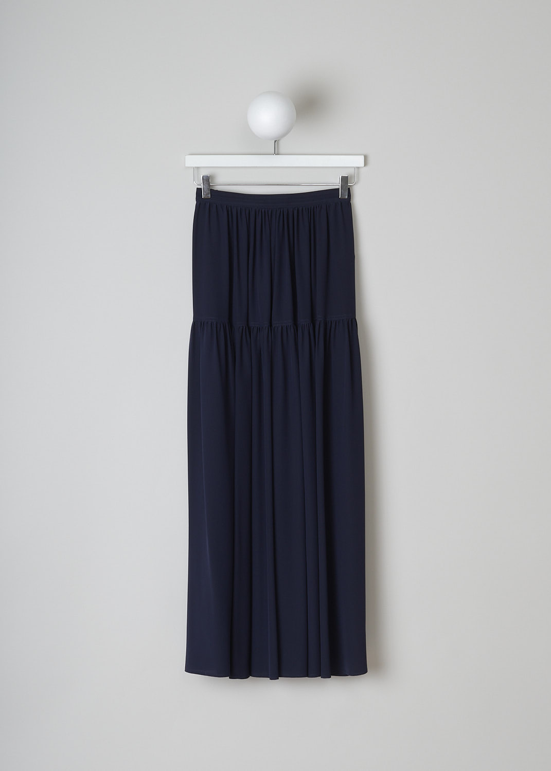 CHLOÃ‰, TIERED INK NAVY SKIRT, CHC22UJU030044C34_IN_NAVY, Blue, Back, This tiered Ink Navy midi skirt has a concealed side zip and inseam pockets. The skirt had a straight hemline.  
