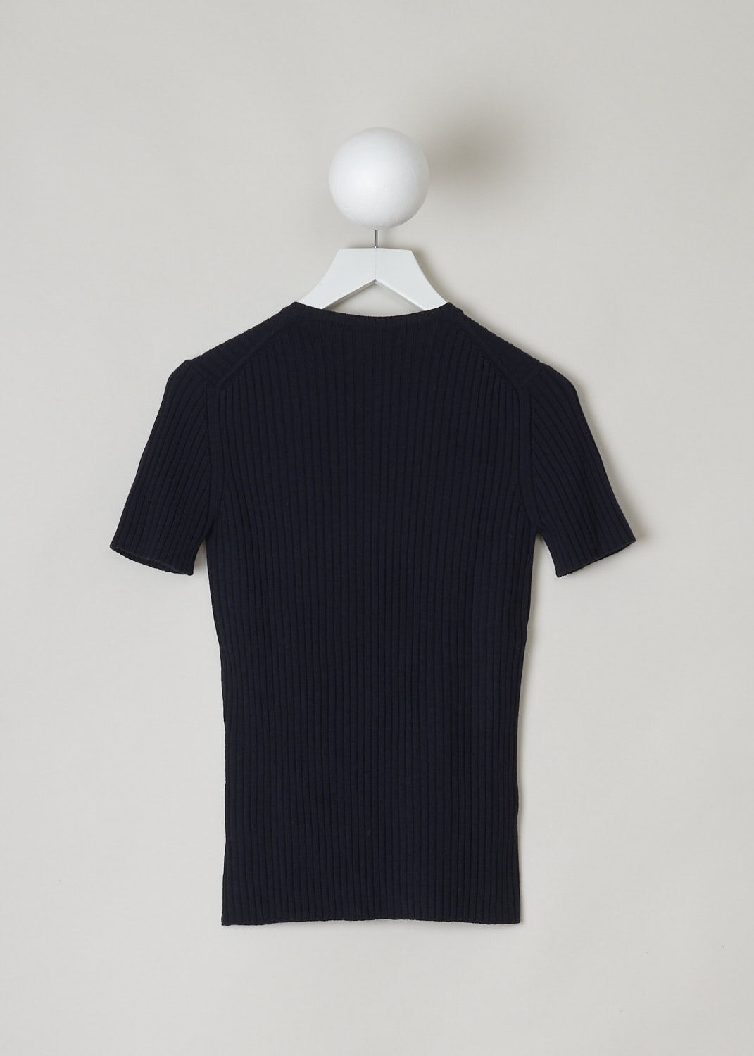 CHLOÃ‰, NAVY BLUE RIBBED TOP, CHC22UMP38650476_DARK_NIGHT_BLUE, Blue, Back, This navy blue ribbed top has a round neckline, short sleeves and a placket with functional ball buttons that go down the front to about midway. The top has an elongated cut.
