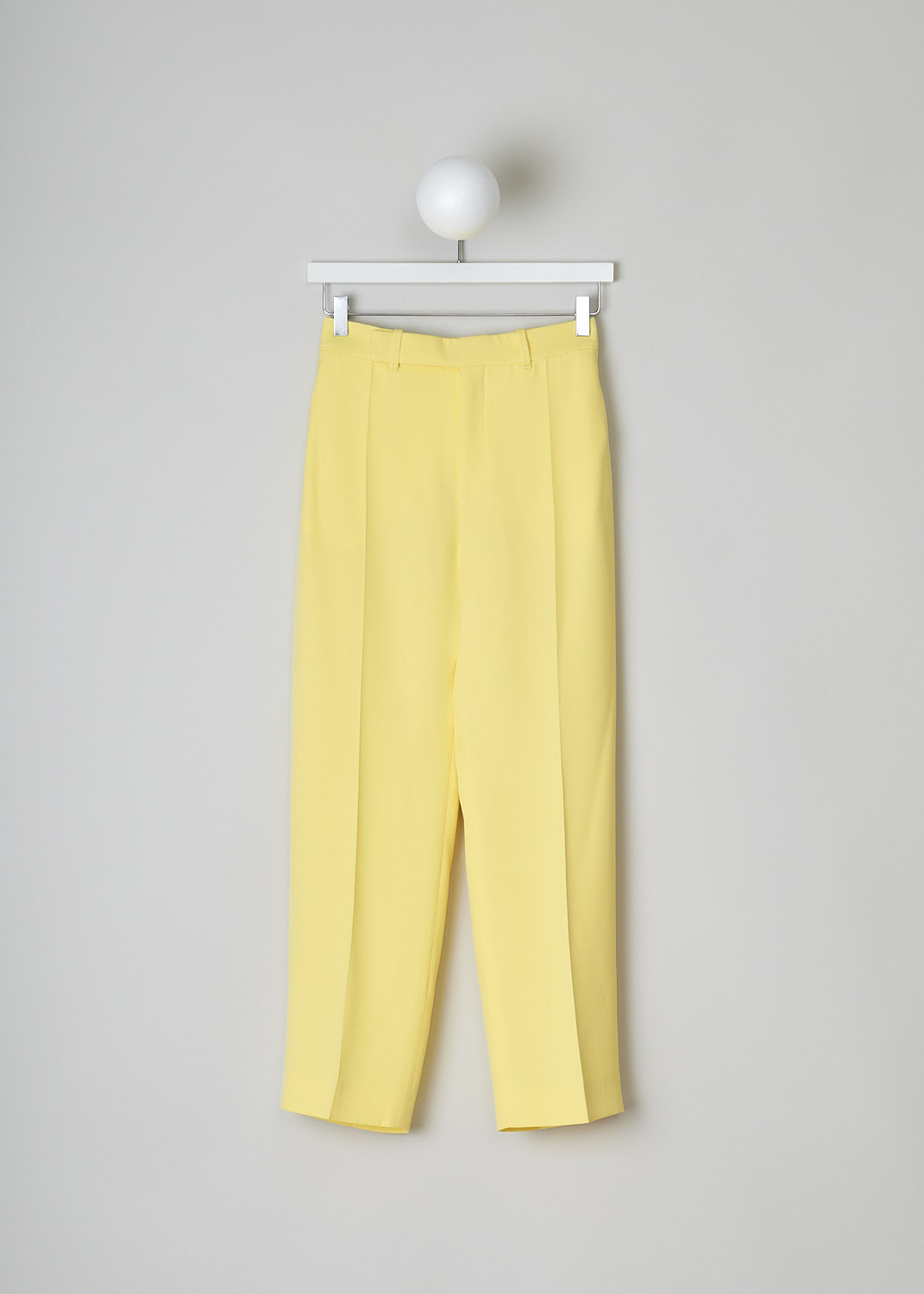 CHLOÉ, RADIANT YELLOW CLASSIC SILK PANTS, CHC22UPA12015757_RADIANT_YELLOW, Yellow, Front, These radiant yellow high-waisted pants have a waistband with belt loops and a concealed front zip and clasp closure. These pants have straight, cropped pant legs with pressed centre creases with slanted pockets in the front and welt pockets in the back.
