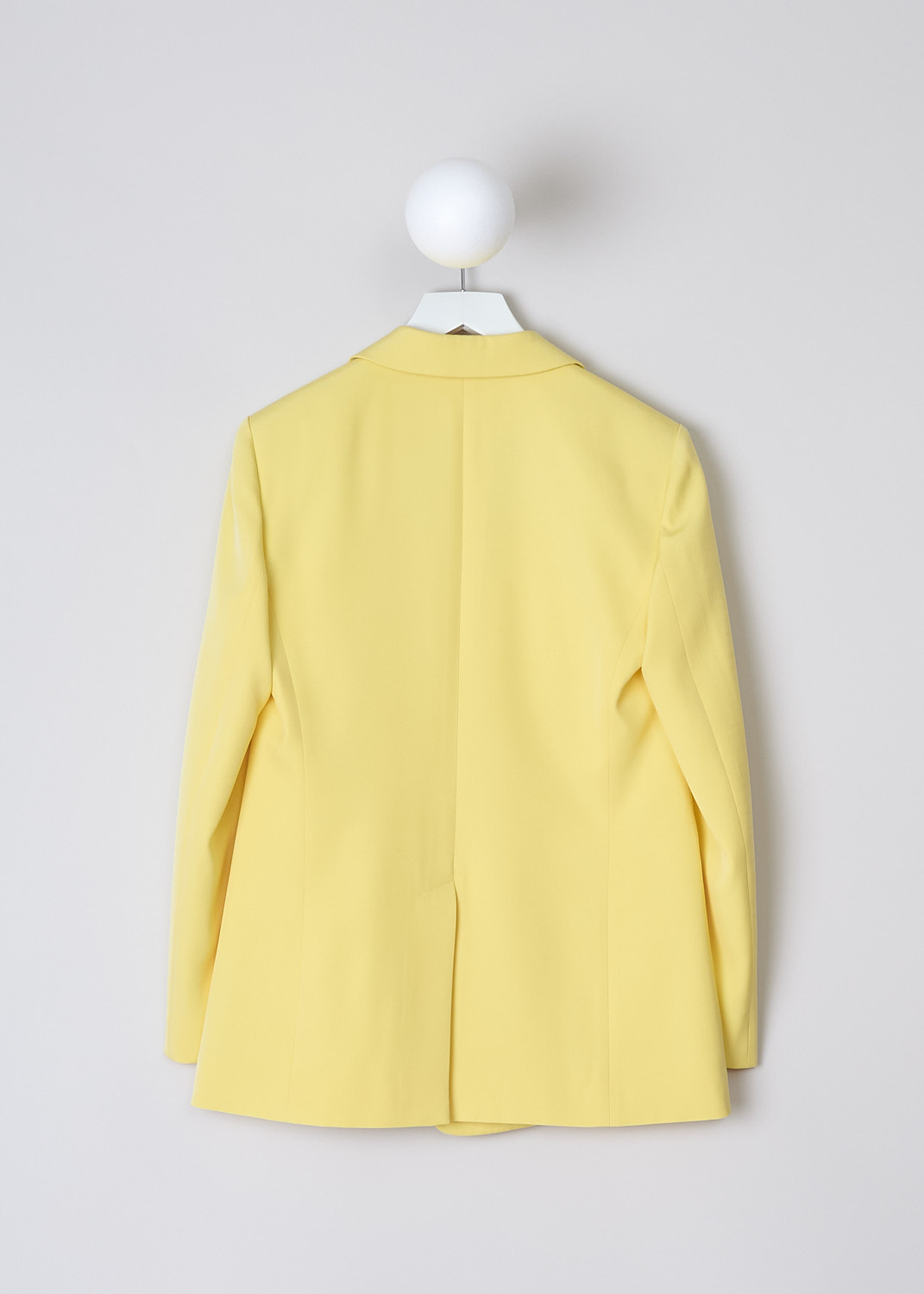 CHLOÉ, OPEN JACKET IN RADIANT YELLOW, CHC22UVE06015757_RADIANT_YELLOW, Yellow, Back, This Radiant Yellow jacket has a peaked lapel with an open front. On the front, the jacket has two flap welt pockets. In the back, the jacket has a centre vent. The jacket is fully lined and has an oversized silhouette. 
