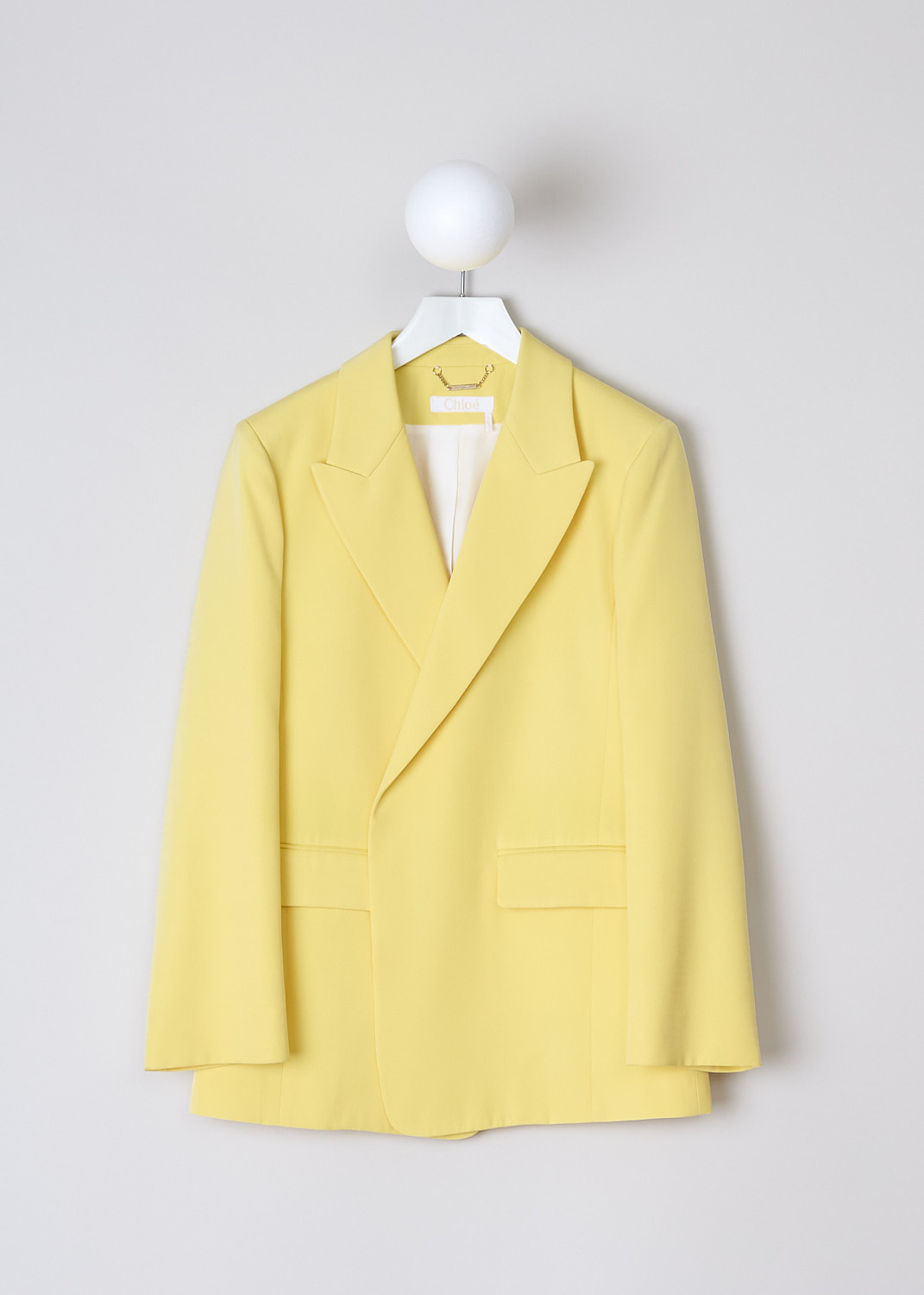 CHLOÉ, OPEN JACKET IN RADIANT YELLOW, CHC22UVE06015757_RADIANT_YELLOW, Yellow, Front, This Radiant Yellow jacket has a peaked lapel with an open front. On the front, the jacket has two flap welt pockets. In the back, the jacket has a centre vent. The jacket is fully lined and has an oversized silhouette. 
