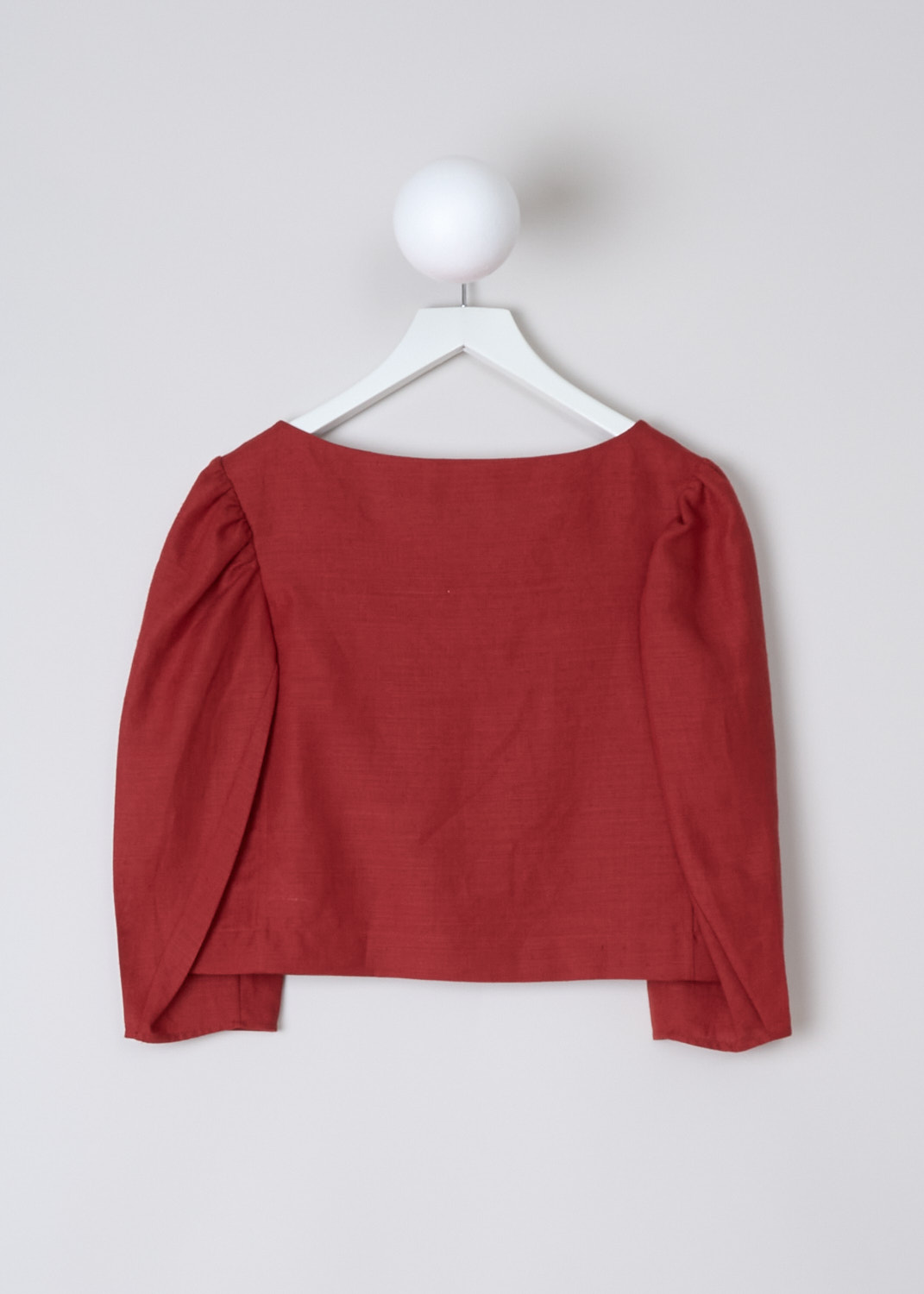 CHLOÉ, CROPPED LINEN TOP IN PEPPERY RED, CHC23UHT13030649_PEPPERY_RED, Red, Back, This Peppery Red linen top has a boat neckline. The long puff sleeves have straight ends. The top has a cropped length and a straight hemline. 
