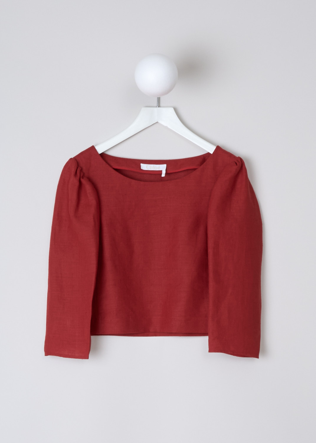 CHLOÉ, CROPPED LINEN TOP IN PEPPERY RED, CHC23UHT13030649_PEPPERY_RED, Red, Front, This Peppery Red linen top has a boat neckline. The long puff sleeves have straight ends. The top has a cropped length and a straight hemline. 
