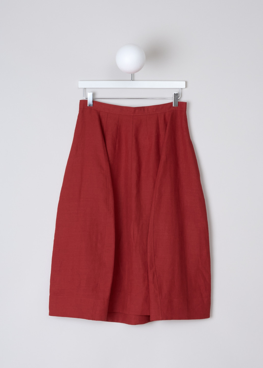 CHLOÉ, LINEN A-LINE SKIRT IN PEPPERY RED, CHC23UJU08030649_PEPPERY_RED, Red, Front, This Peppery Red linen midi skirt has a wide A-line silhouette. The skirt has a narrow waistband. Concealed slanted pockets can be found in the side seam. In the back, a concealed centre zip functions as the closure. The skirt has a straight hemline. 
