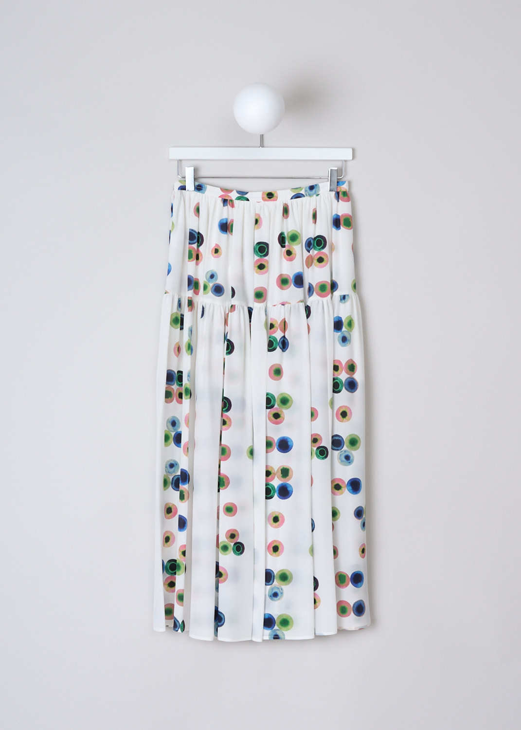 CHLOÉ, SILK MIDI SKIRT WITH MULTICOLORED DOTTED PRINT, CHC23UJU193019CA_MULTICOLOR_1,  White, Print, Pink, Back, This tiered pleated maxi skirt has a white base color with a multicolored dotted print throughout. The skirt narrow waistband and a concealed side zip that functions as the closure. The skirt has a straight hemline. 
