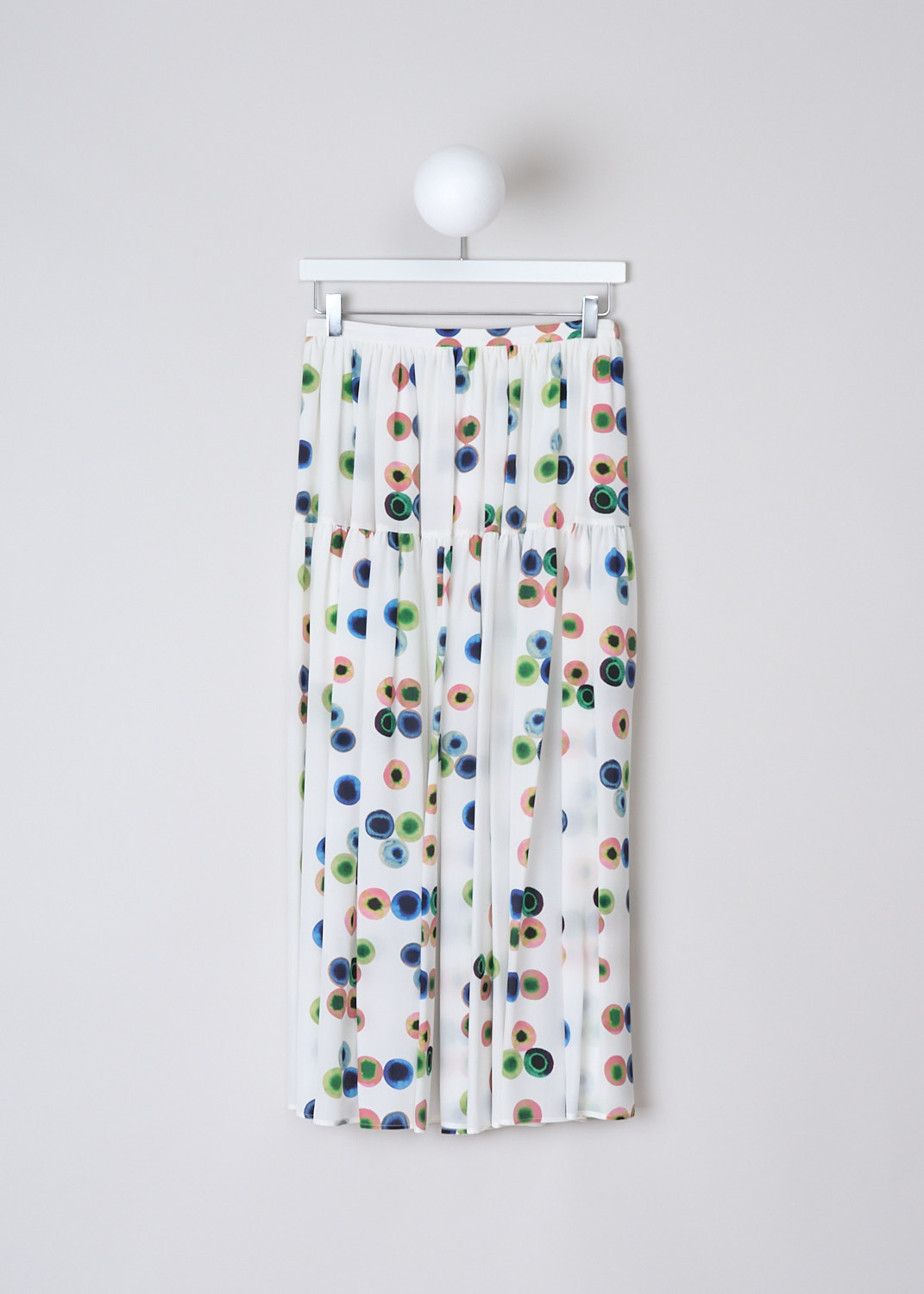 CHLOÉ, SILK MIDI SKIRT WITH MULTICOLORED DOTTED PRINT, CHC23UJU193019CA_MULTICOLOR_1,  White, Print, Pink, Front, This tiered pleated maxi skirt has a white base color with a multicolored dotted print throughout. The skirt narrow waistband and a concealed side zip that functions as the closure. The skirt has a straight hemline. 
