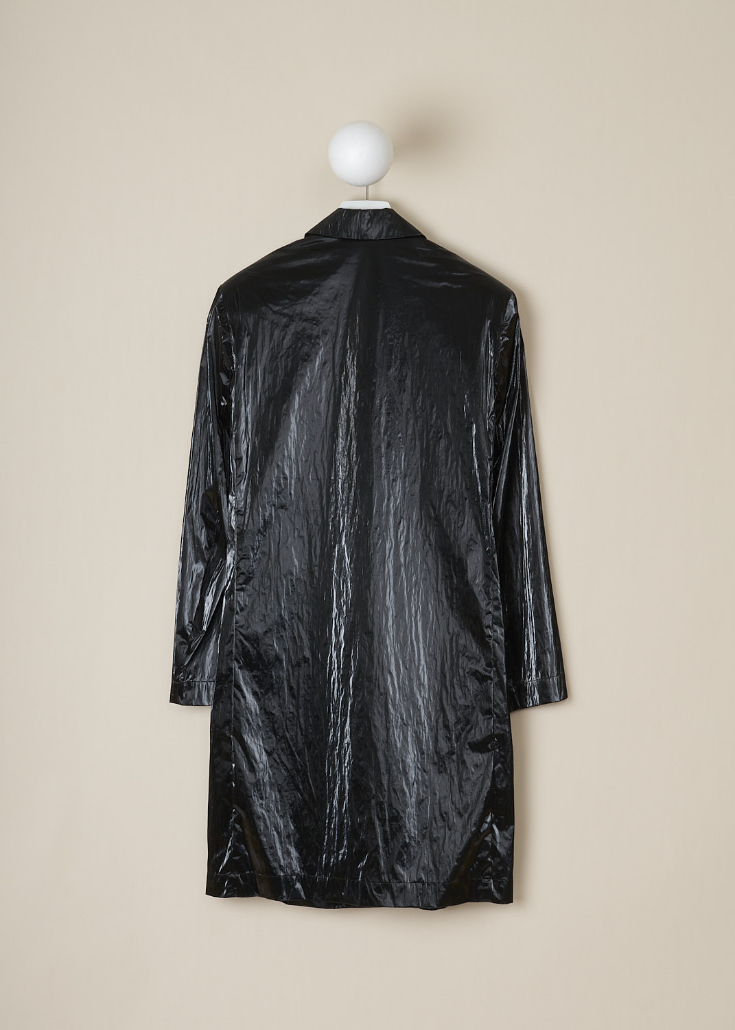 DRIES VAN NOTEN, GLOSSY BLACK COAT, ROXAN_2158_WW_COAT_BLA, Black, Back, This glossy black coat features a spread collar, a front button closure and padded shoulders. The coat has slanted pockets. The hemline is straight.  
