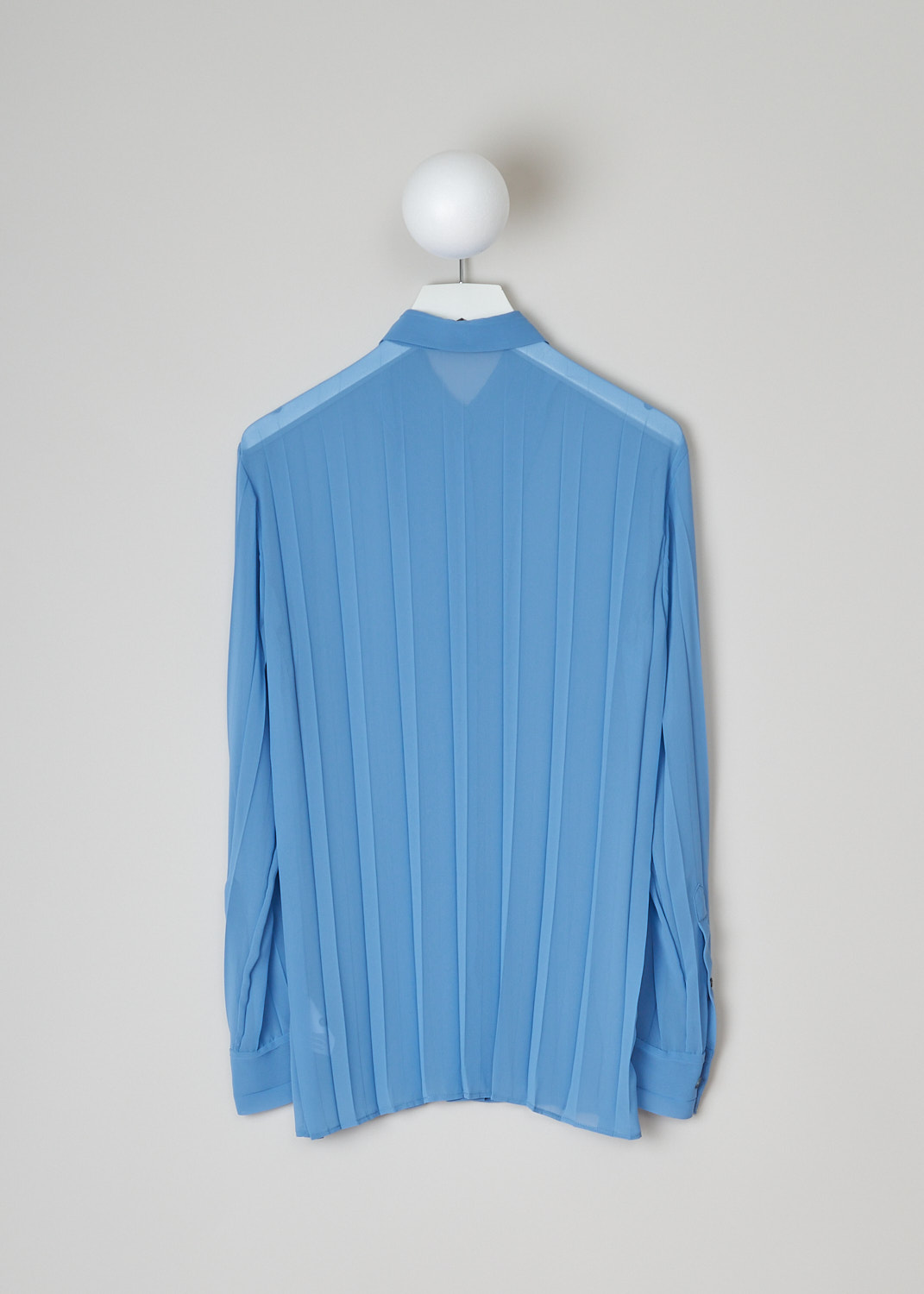 DRIES VAN NOTEN, SKY BLUE PLEATED CLAVELLY BLOUSE, CLAVELLY_PLEATS_6265_WW_SHIRT_SKY, Blue,  Back, This sky blue semi sheer Clavelly blouse is fully pleated. The blouse has a spread collar and a front button closure. The long sleeves have buttoned cuffs.   
