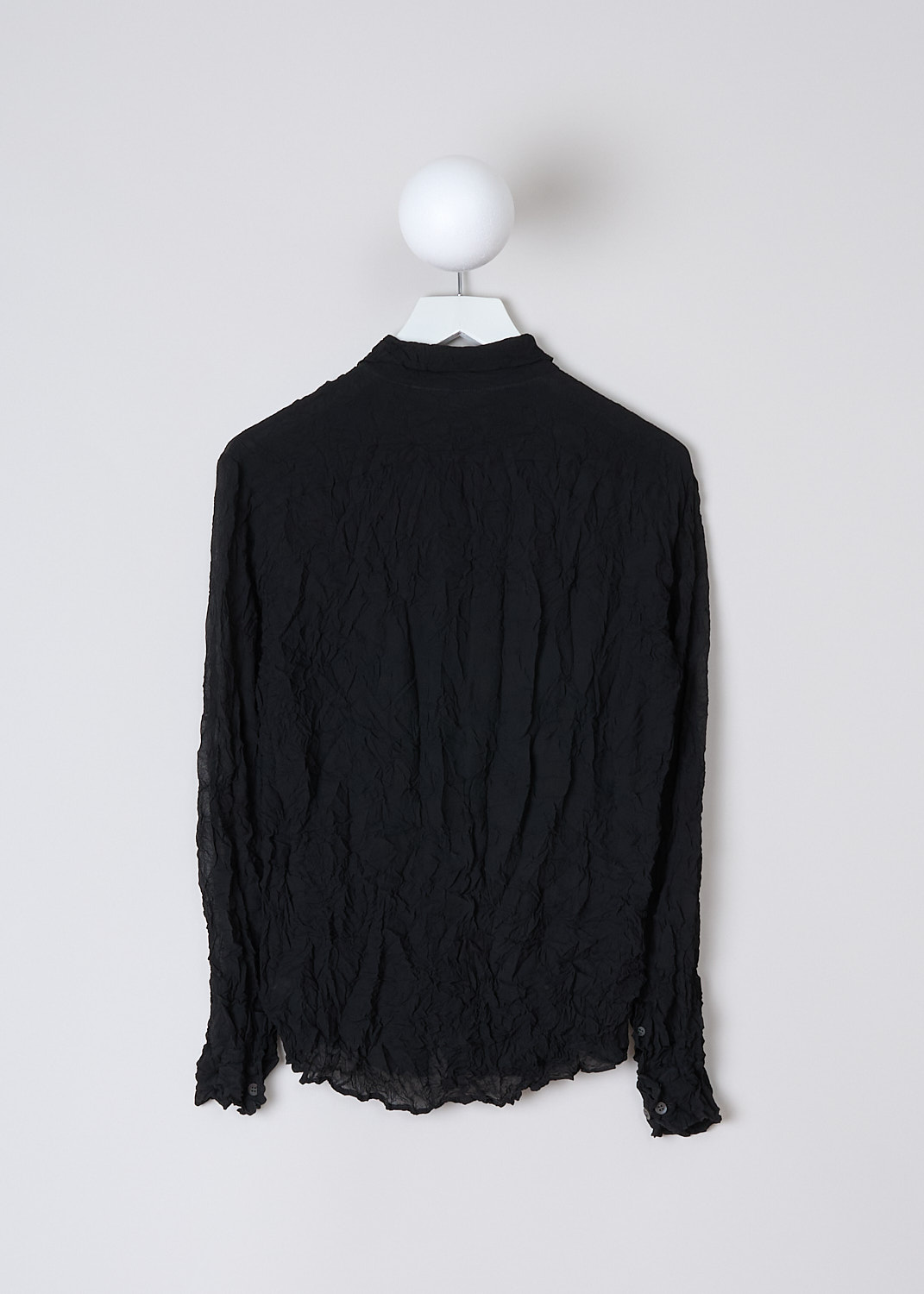 DRIES VAN NOTEN, BLACK CRUSHED BLOUSE, CRUSHED_6265_WW_SHIRT_BLACK, Black, Back, This crushed black blouse has a spread collar and a front button closure. The blouse is slightly see-though. The long sleeves have buttoned cuffs. 
