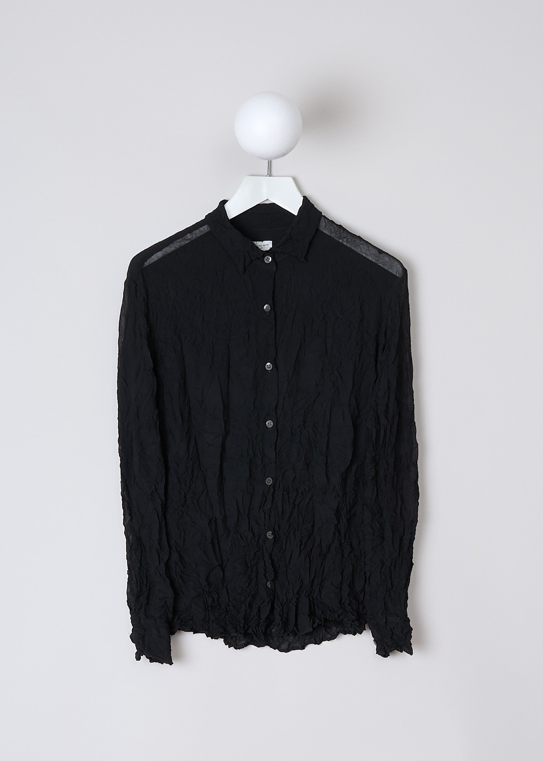 DRIES VAN NOTEN, BLACK CRUSHED BLOUSE, CRUSHED_6265_WW_SHIRT_BLACK, Black, Front, This crushed black blouse has a spread collar and a front button closure. The blouse is slightly see-though. The long sleeves have buttoned cuffs. 
