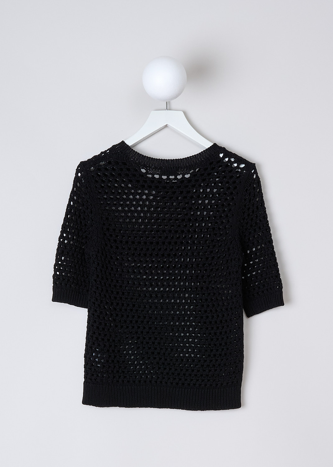 DRIES VAN NOTEN, BLACK OPEN-KNIT TILIA SWEATER, 
TILIA_6713_WK_SWEATER_BLACK, Black, Back, This black open-knit Tilia sweater has a round neckline. The top has three-quarter sleeves with ribbed cuffs. The hemline is also ribbed. 
