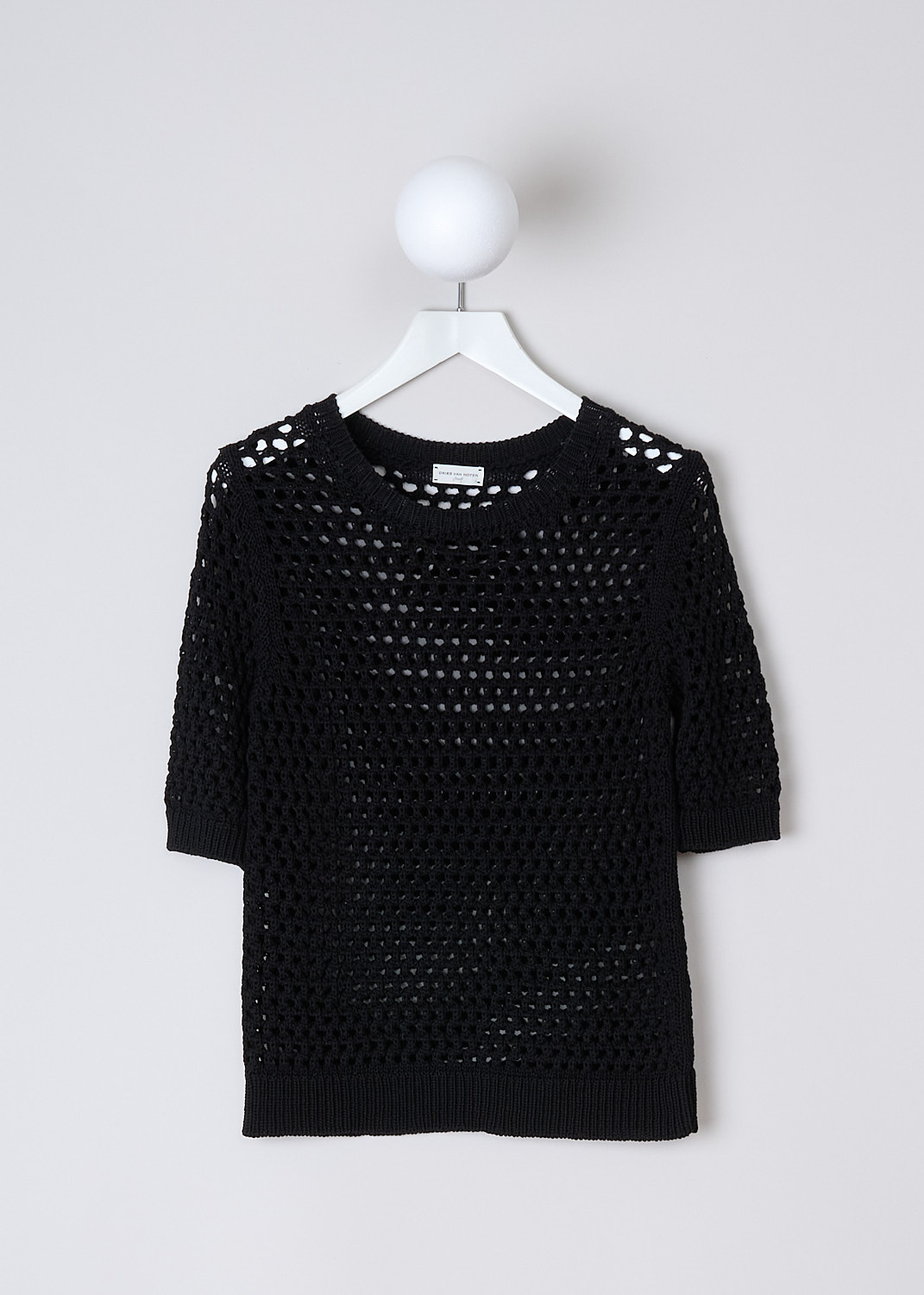 DRIES VAN NOTEN, BLACK OPEN-KNIT TILIA SWEATER, 
TILIA_6713_WK_SWEATER_BLACK, Black, Front, This black open-knit Tilia sweater has a round neckline. The top has three-quarter sleeves with ribbed cuffs. The hemline is also ribbed. 
