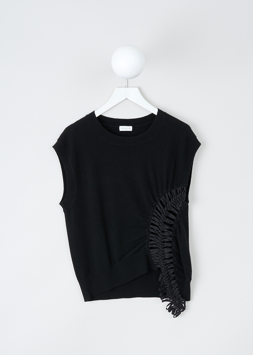 Dries van Noten, Black Tayson top with intricate detailing, TAYSON_6722_WK_TOP_BLACK, Black, Front, This black sleeveless Tayson top has a round neckline with a ribbed finish. That same ribbed finish can be found along the armscye and on the hemline. On the front, the top has an intricate tied cutout detail. 
