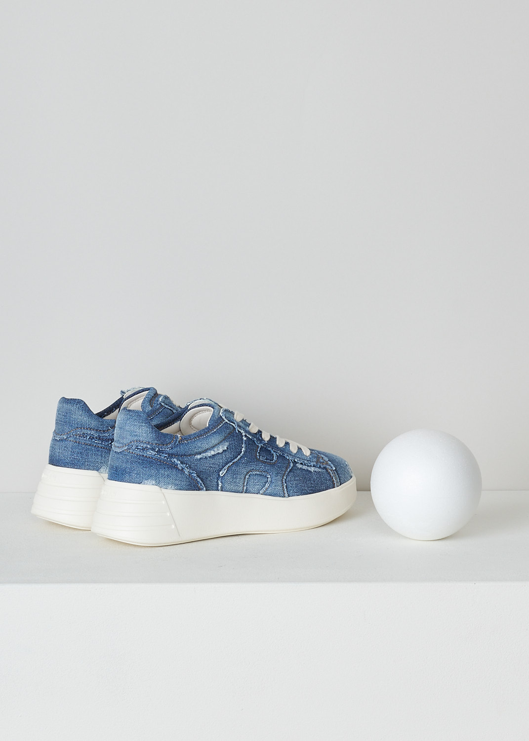HOGAN, REBEL H562 ALL JEANS SNEAKER, GYW5620EY80JDLU803_H562, Blue, Back, These Rebel H562 All Jeans sneakers are made in a distressed denim fabric. These sneakers have a front lace-up fastening with white laces. These sneakers have a round nose and a broad white rubber sole. On the sides, the brand's H logo is incorporated in the design. The sneakers come with an additional pair of laces in blue. 
