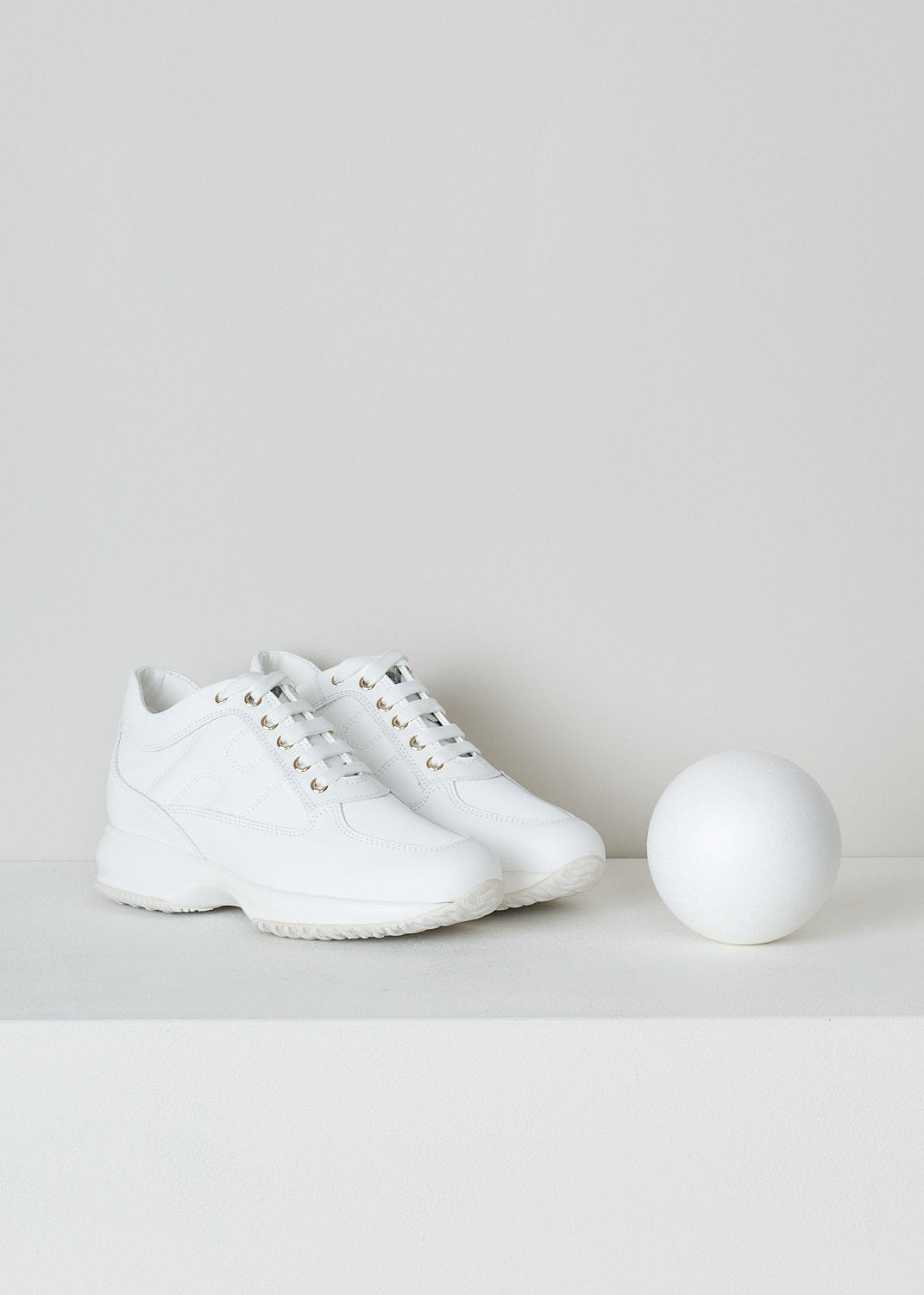 HOGAN, ALL-WHITE INTERACTIVE DONNA SNEAKERS, HXW00N00E10MYYB001_MYY, White, Front, These white leather sneakers feature front lace-up fastening with white laces. These sneakers have a almond shaped toe and a white rubber sole. On the sides, the sneakers have the brand's H logo incorporated in the design.  
