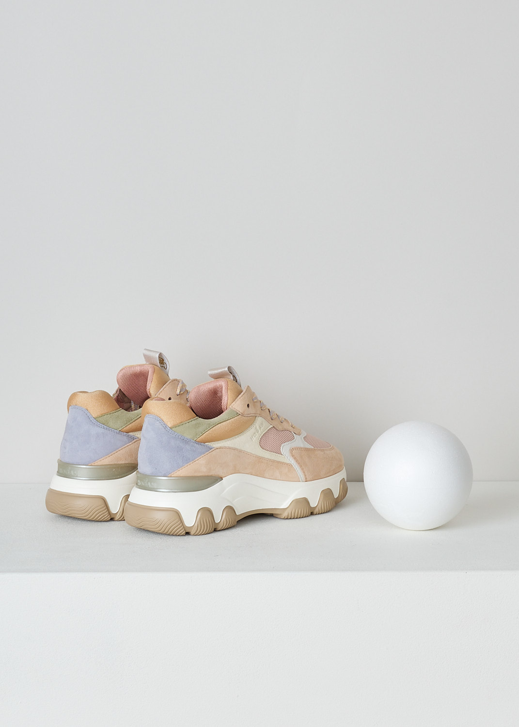 HOGAN, HYPERACTIVE ALLACCIATO MULTICOLORED SNEAKERS, HXW5400DG60QZ80MR4_QZ8,  Pink, Beige, Orange, Back,  These chunky sneakers feature front lace-up fastening with multicolored laces. The sneakers have a paneled look, alternating leather and fabric patches in pastel tones. These sneakers have a chunky sole. The sneakers have a removable memory foam insole and comes with an additional pair of dusty pink laces.   
