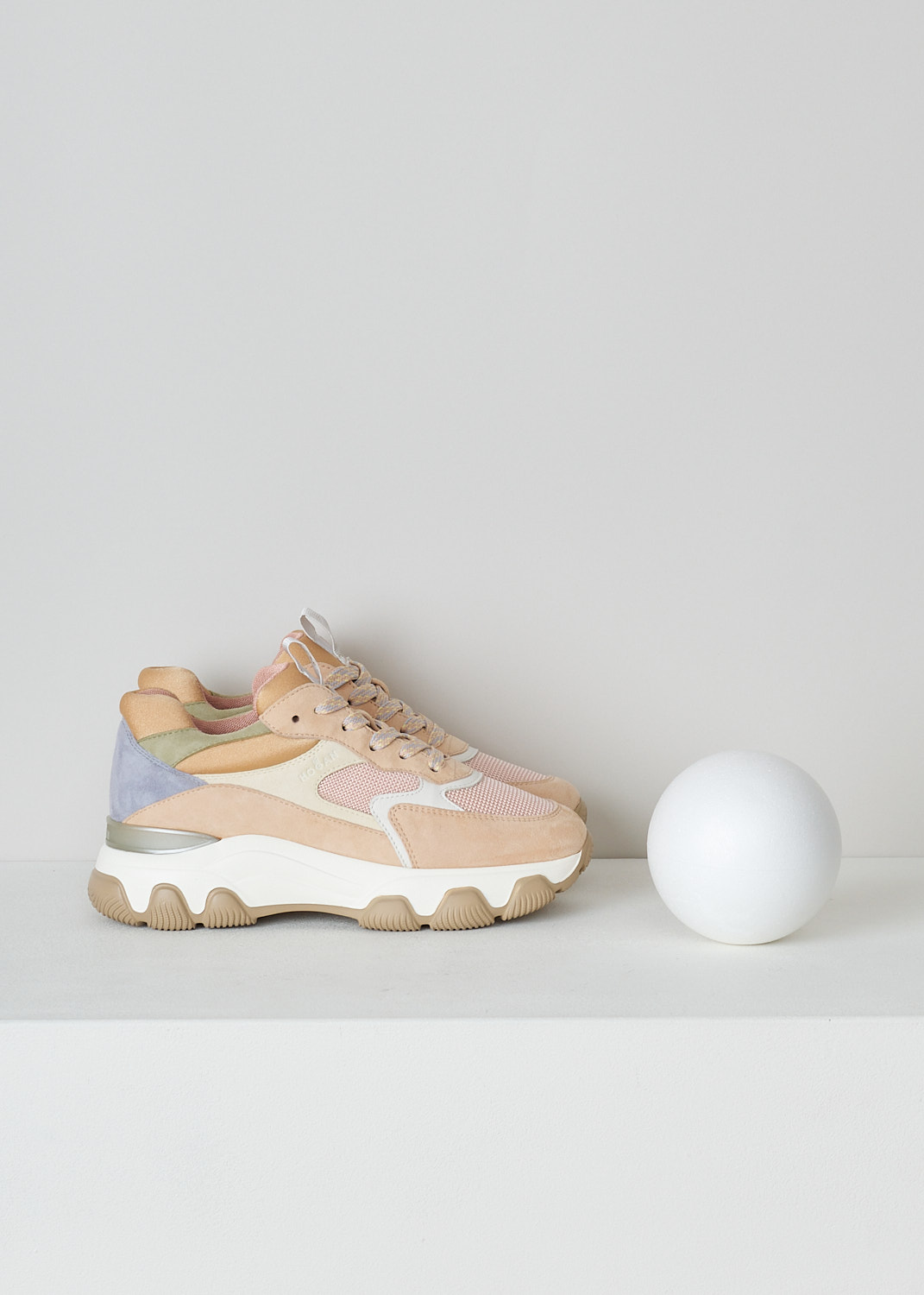 HOGAN, HYPERACTIVE ALLACCIATO MULTICOLORED SNEAKERS, HXW5400DG60QZ80MR4_QZ8,  Pink, Beige, Orange, Side,  These chunky sneakers feature front lace-up fastening with multicolored laces. The sneakers have a paneled look, alternating leather and fabric patches in pastel tones. These sneakers have a chunky sole. The sneakers have a removable memory foam insole and comes with an additional pair of dusty pink laces.   
