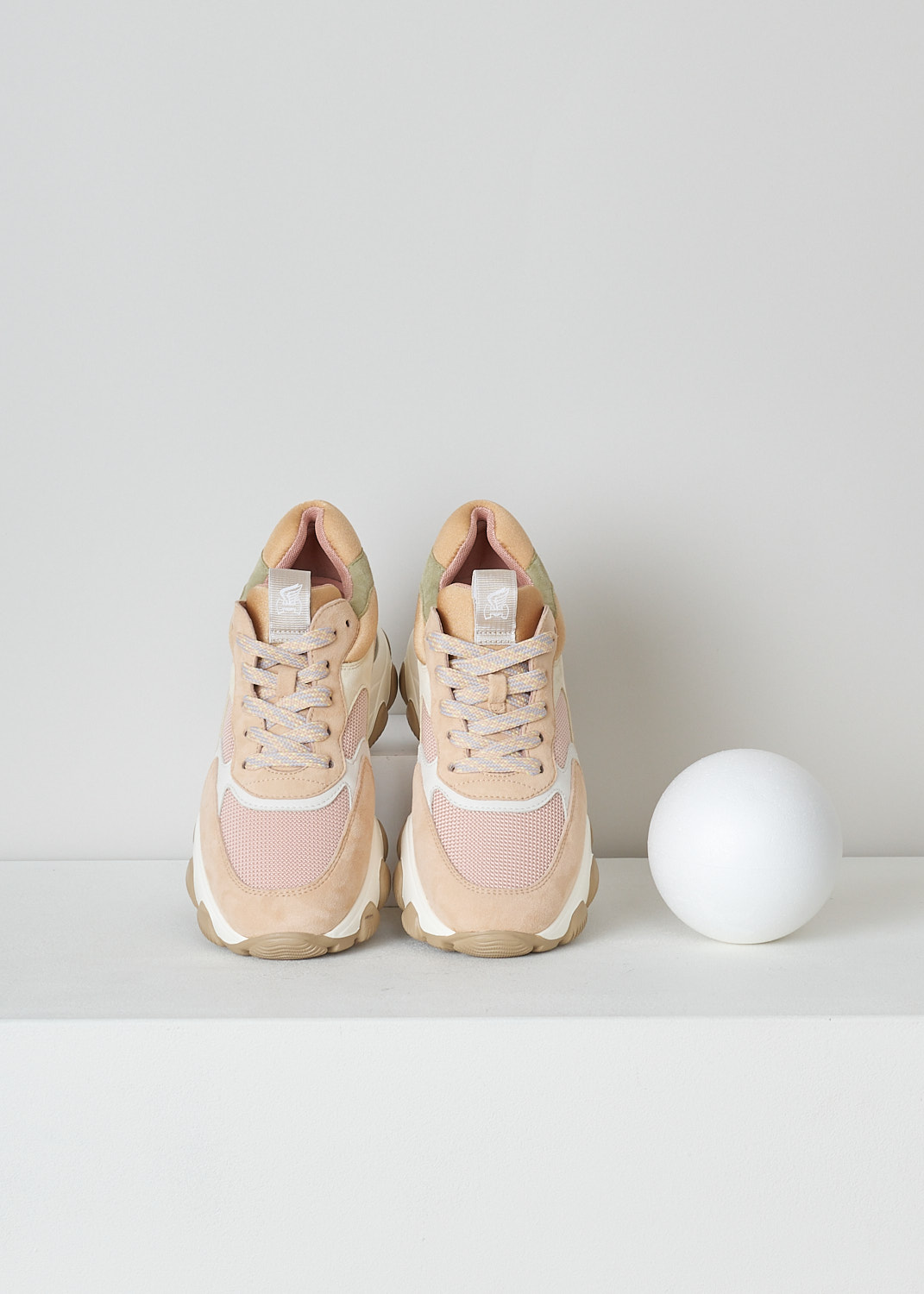 HOGAN, HYPERACTIVE ALLACCIATO MULTICOLORED SNEAKERS, HXW5400DG60QZ80MR4_QZ8,  Pink, Beige, Orange, Top,  These chunky sneakers feature front lace-up fastening with multicolored laces. The sneakers have a paneled look, alternating leather and fabric patches in pastel tones. These sneakers have a chunky sole. The sneakers have a removable memory foam insole and comes with an additional pair of dusty pink laces.   
