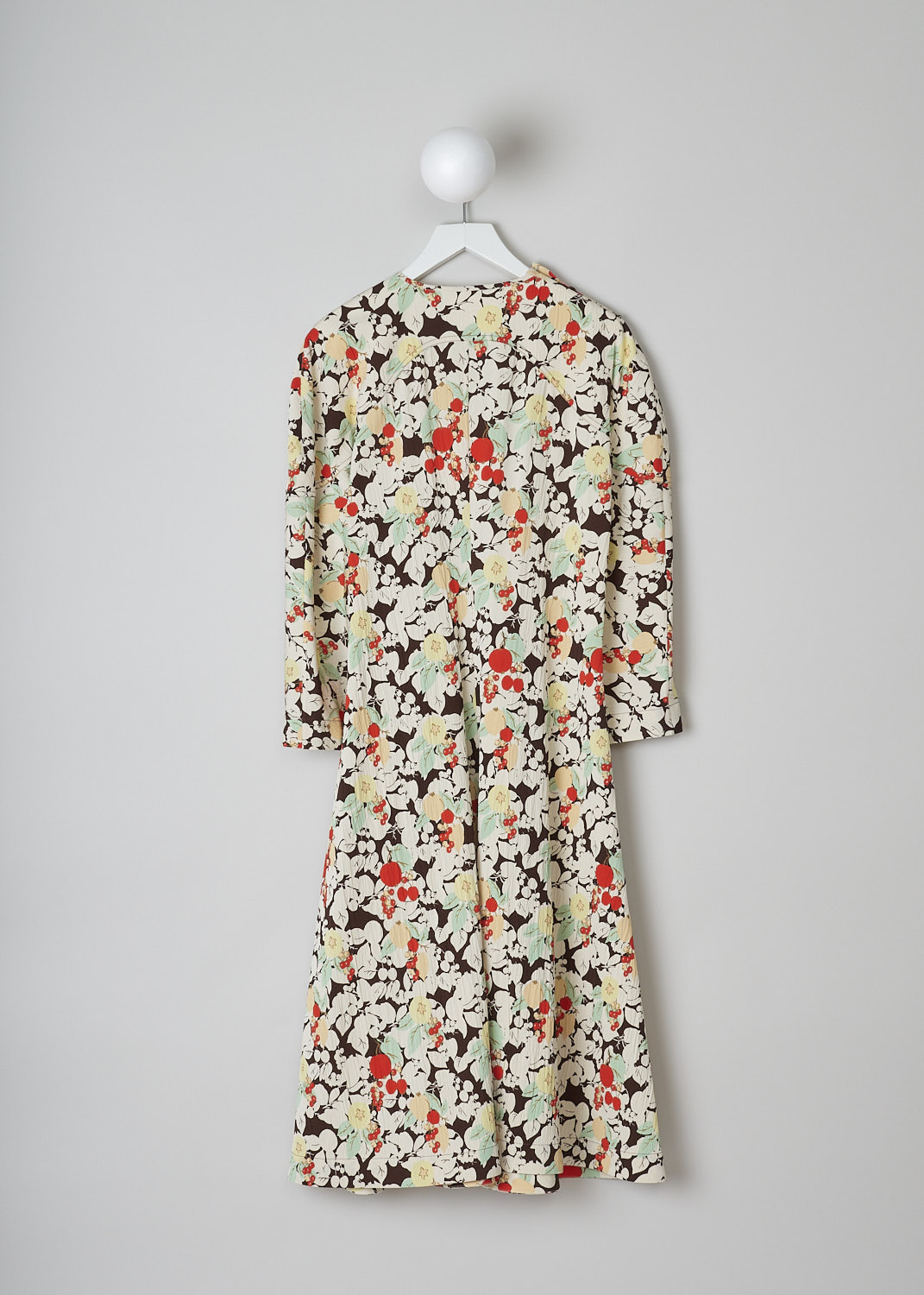JIL SANDER, MULTICOLOR FRUIT PRINT MIDI DRESS, J01CT0010_J65010_972, Print, Red, Green, Back, This midi dress has a multicolor fruit print. The bodice has a round neckline, three functioning buttons on the right shoulders and long sleeves. A concealed side zip functions as the closure option. The skirt flares out and has a single slanted pocket concealed in the seam.
