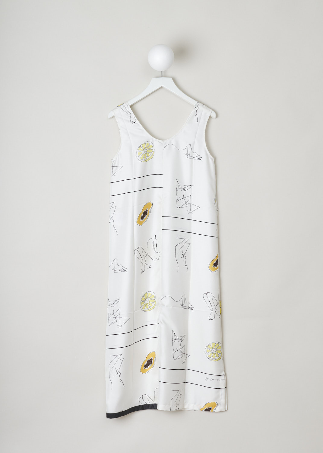 Jill Sander, Off-white maxi shift dress, JSW0508956_W0281266B_127, white, back, Off-white dress featuring a maxi length and comes decorated with multiple abstract drawings. Designed with a round neckline and no sleeves. Small splits can be found on the side seam, and strip of black fabric trims the hem. 
