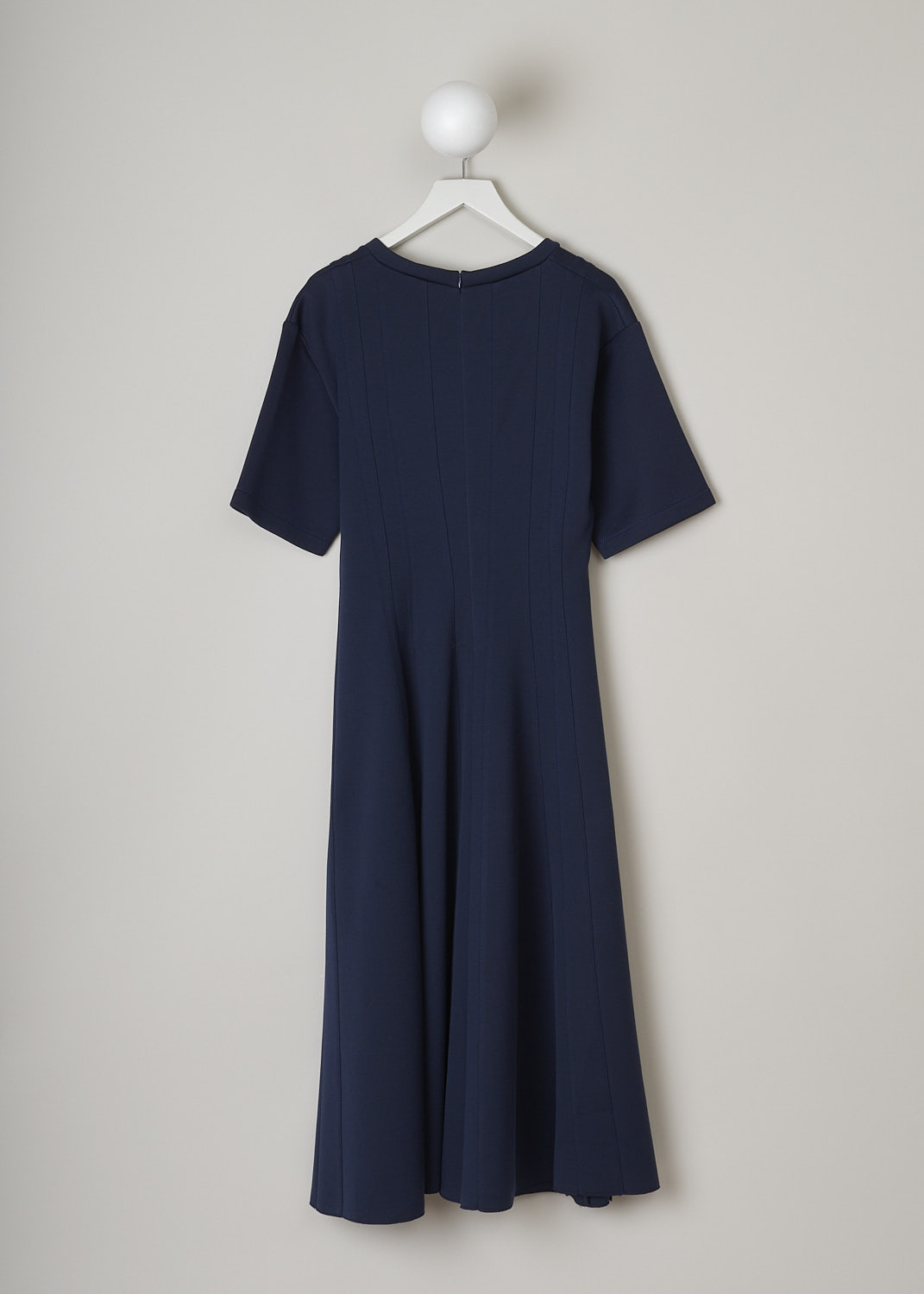 MARNI, NAVY BLUE JERSEY MAXI DRESS, ABJE0877A0_TCY52_00B80, Blue, Back, This navy blue jersey maxi dress has a crewneck and short sleeves. This fit-and-flare dress has exposed darts that run vertically along the length of the dress. In the back, a concealed centre zip functions as the closure option.  
